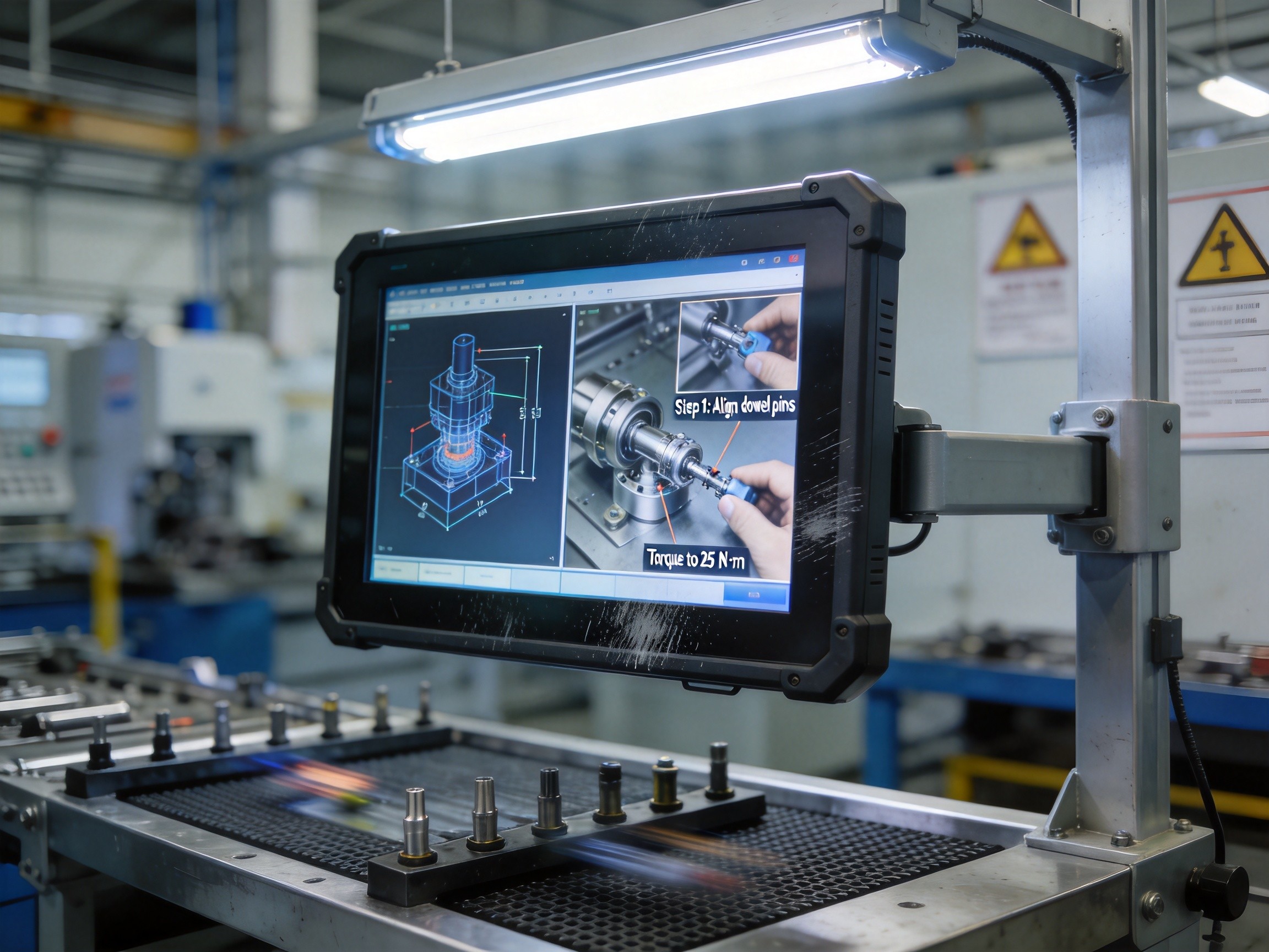 Industrial panel PC displaying electronic work instructions with CAD renderings and annotated photographs at an assembly workstation