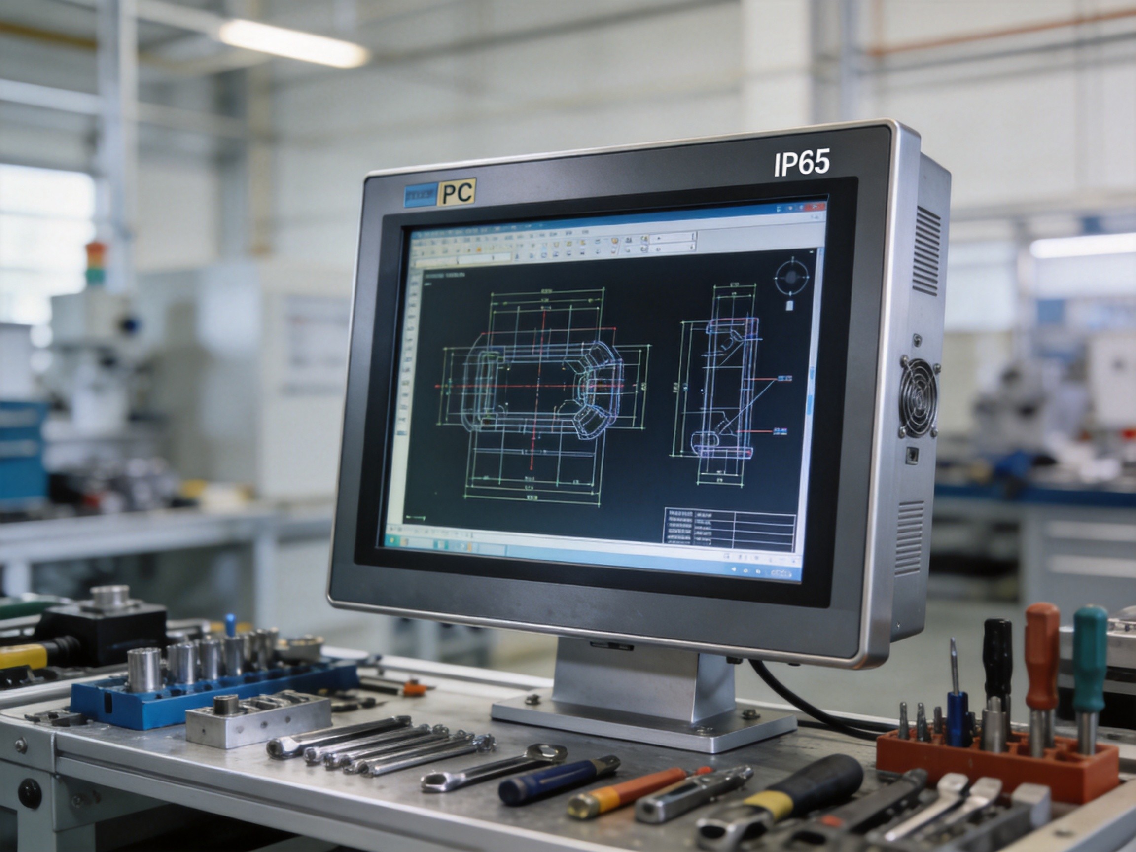 Industrial panel PC with 19-inch display at assembly workstation featuring fanless design and IP65-rated front bezel