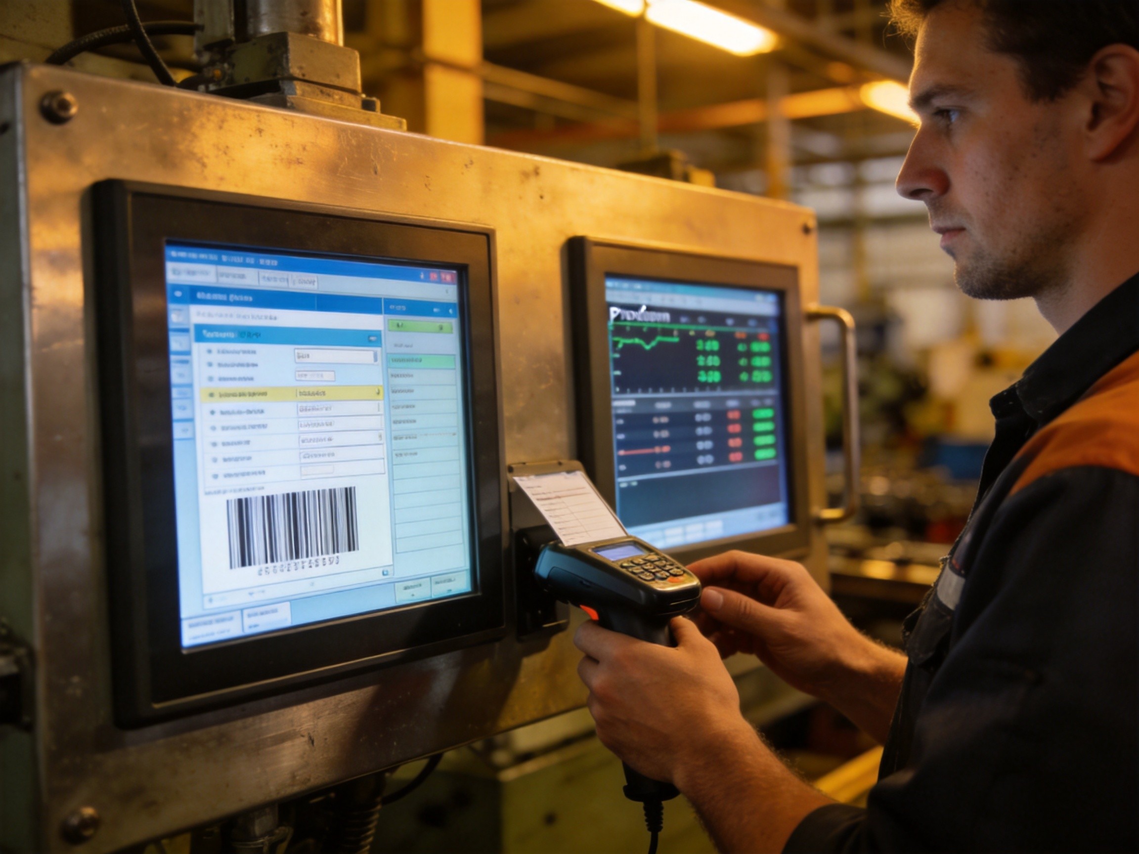 Factory operator following electronic work instructions on industrial panel PC with barcode scanner and dual-display setup