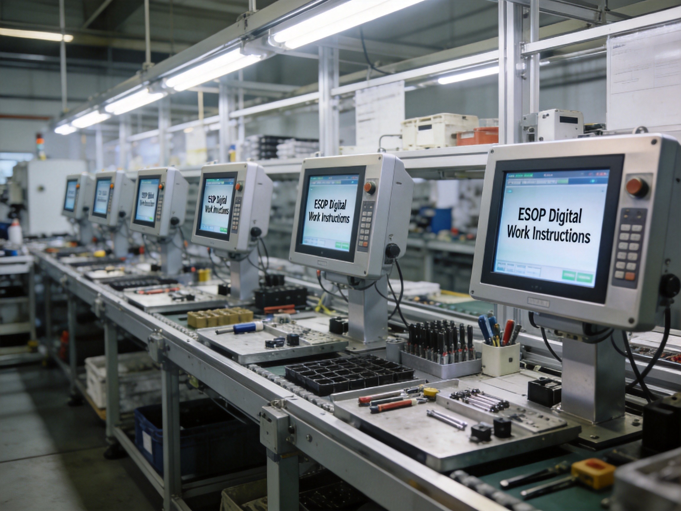 Row of assembly workstations across a production line each equipped with industrial panel PCs displaying ESOP digital work instructions