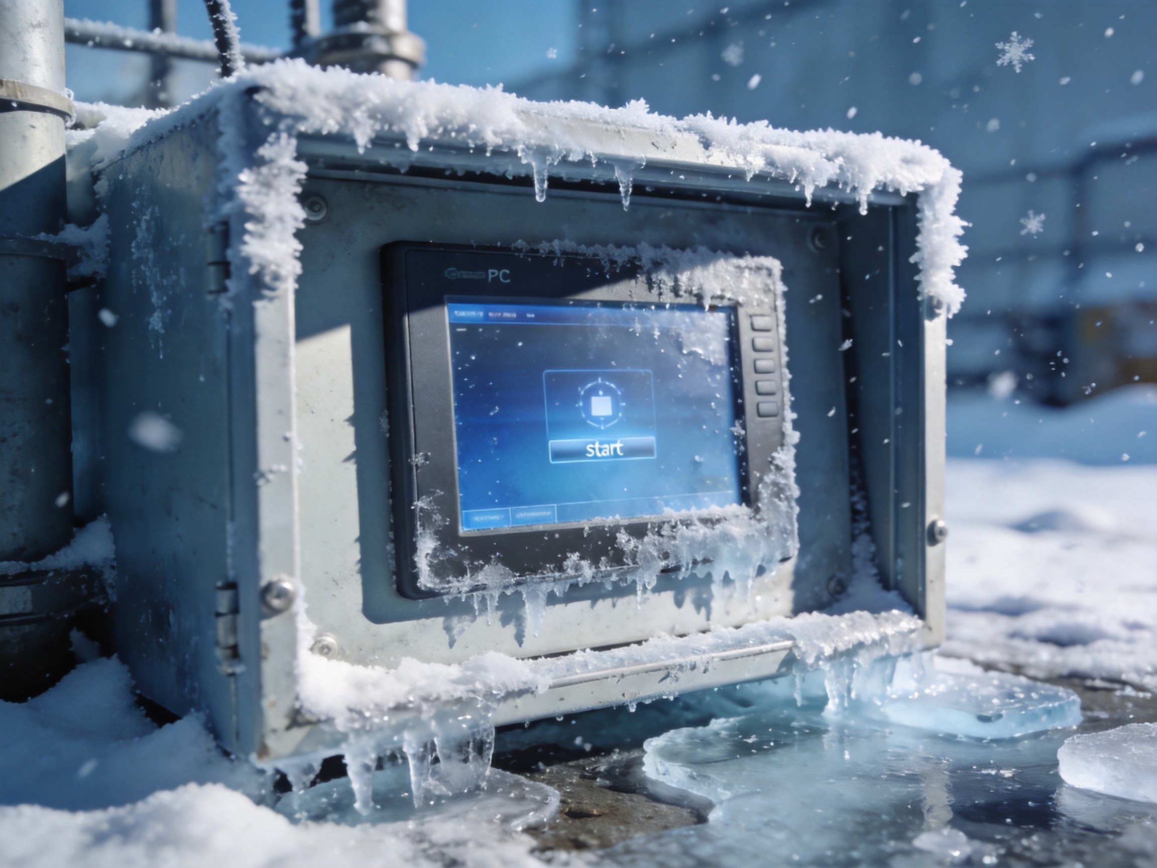 Industrial panel PC installed in a cold outdoor environment with frost and ice showing the cold start challenge in winter conditions