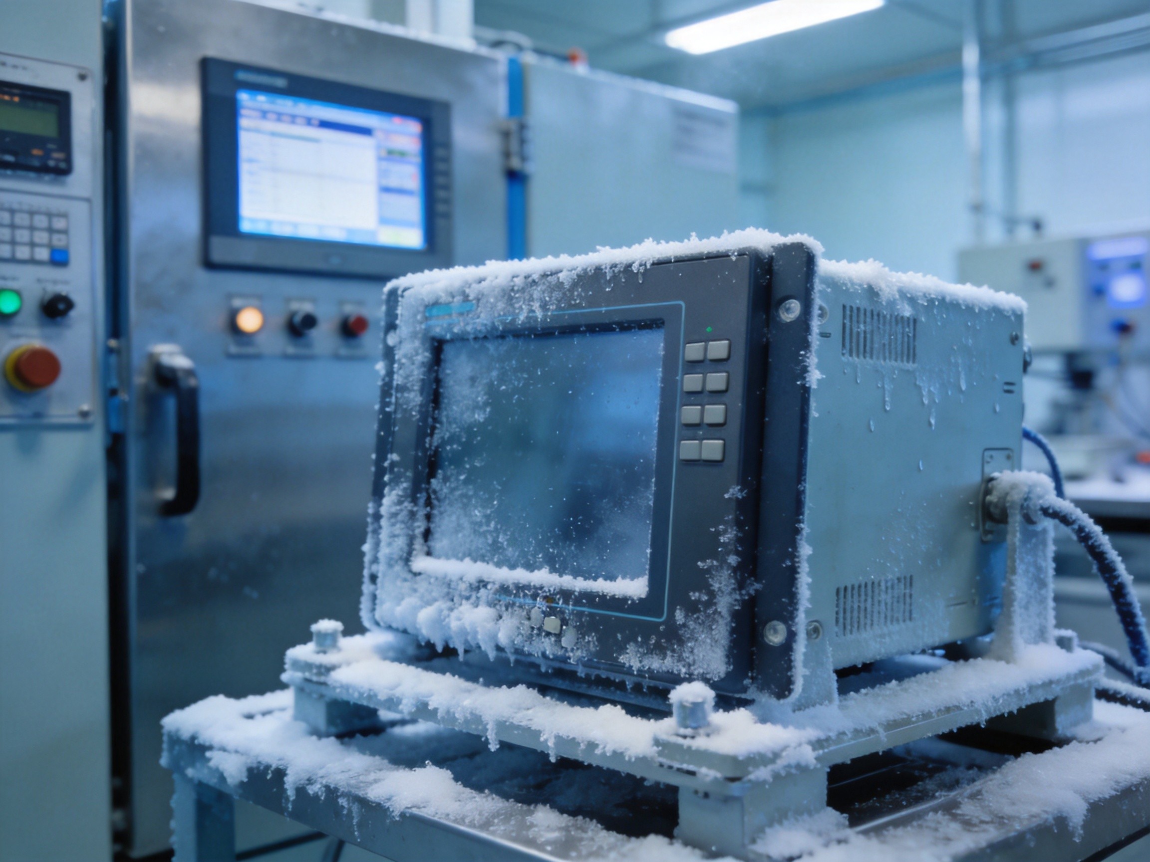 Industrial panel PC undergoing environmental chamber testing at sub-zero temperatures with cold soak validation
