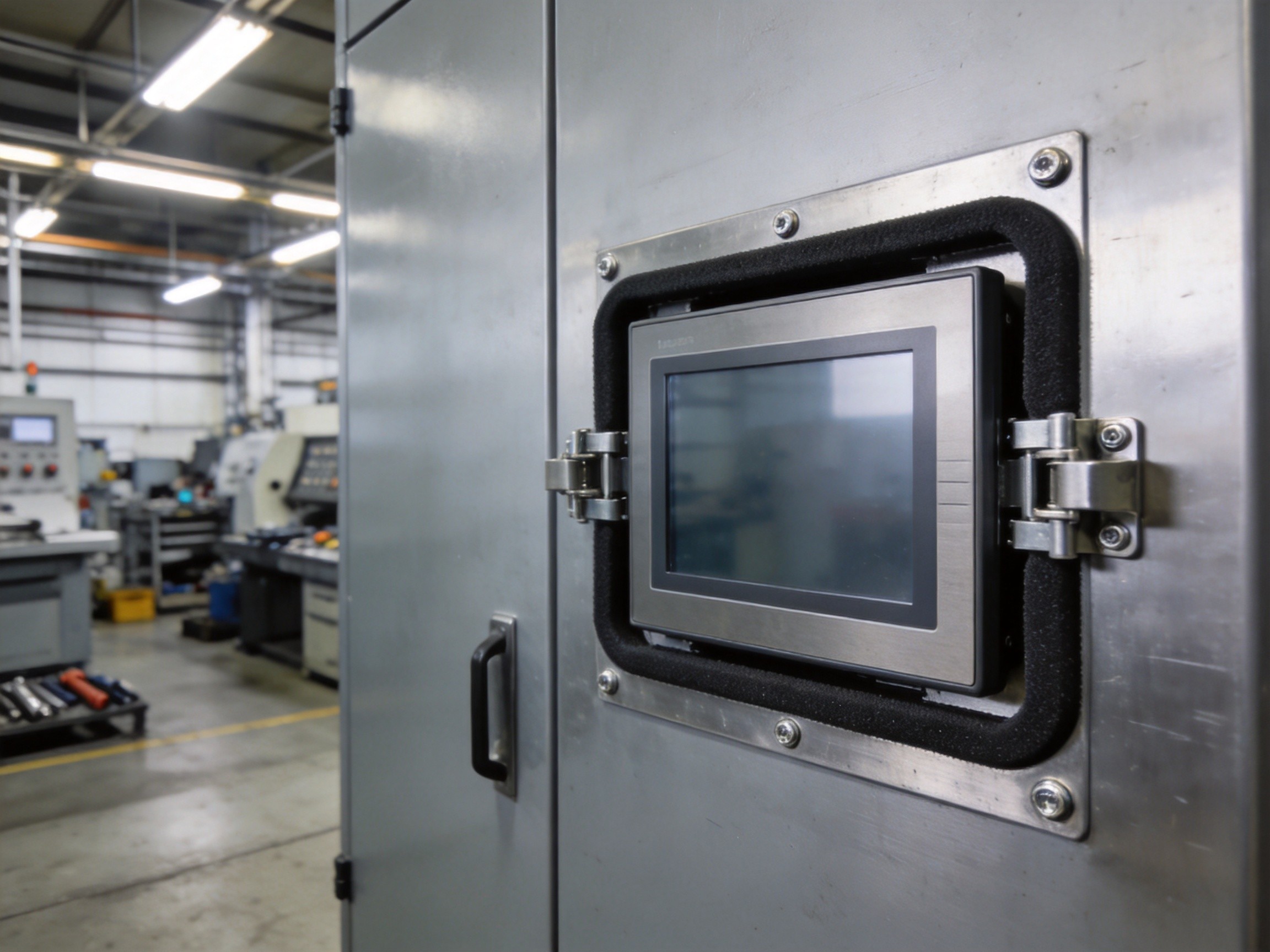 Industrial panel PC flush-mounted into a control cabinet panel cutout with mounting clamps and gasket sealing
