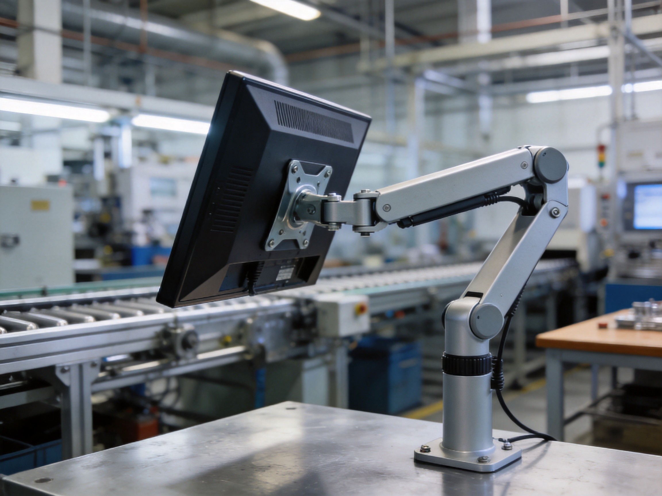 Industrial panel PC mounted on VESA articulating arm bracket with height adjustment tilt and swivel capability
