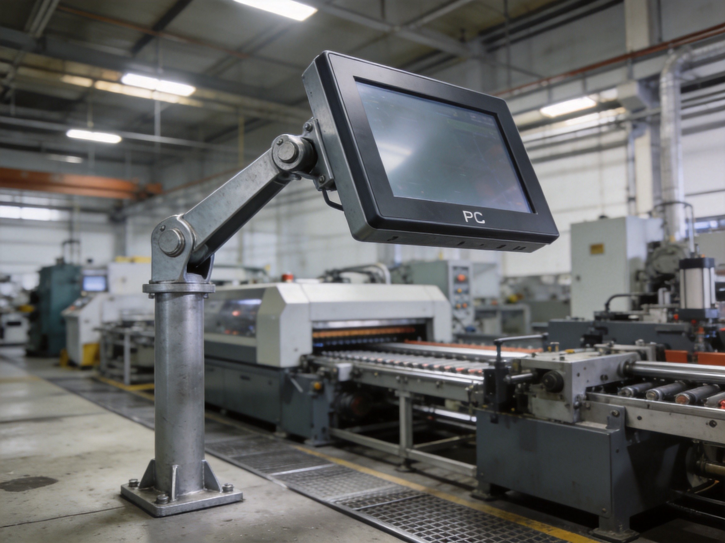 Industrial panel PC on yoke mount pedestal bracket mounted over production equipment with tilt adjustment