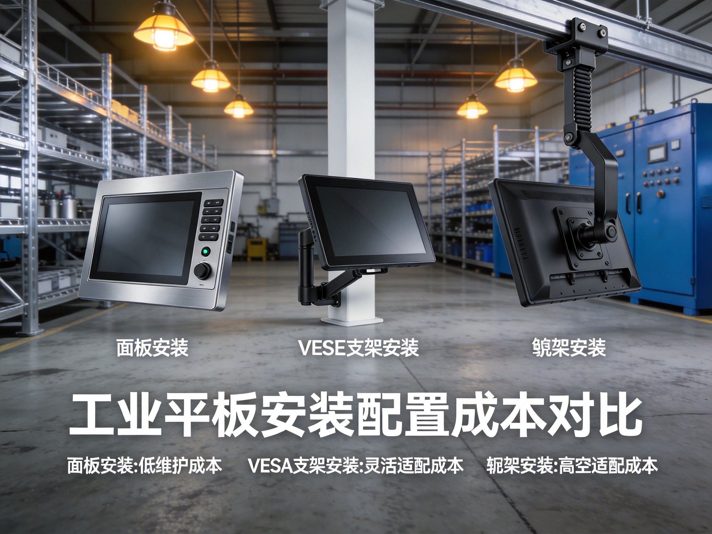 Three industrial panel PCs displayed together showing panel mount VESA arm mount and yoke mount configurations side by side