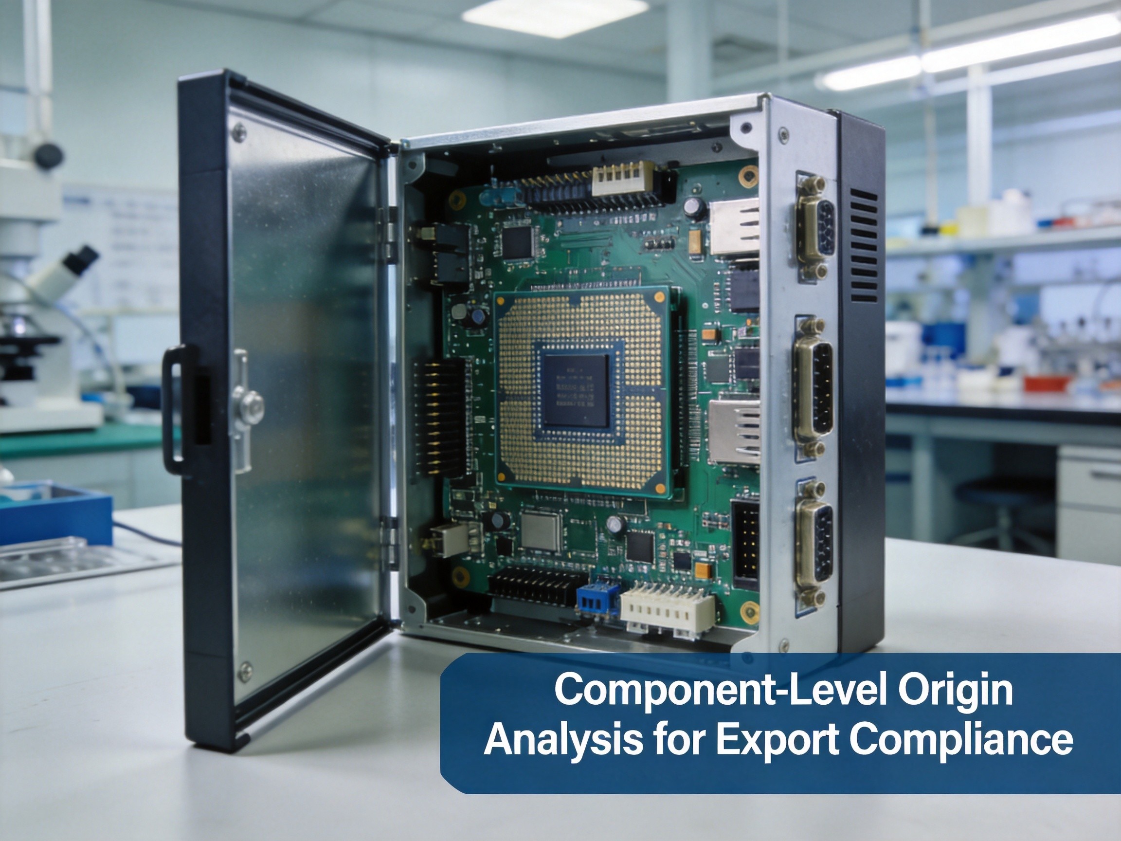 Industrial panel PC with opened enclosure showing internal chipset and motherboard components for export compliance analysis
