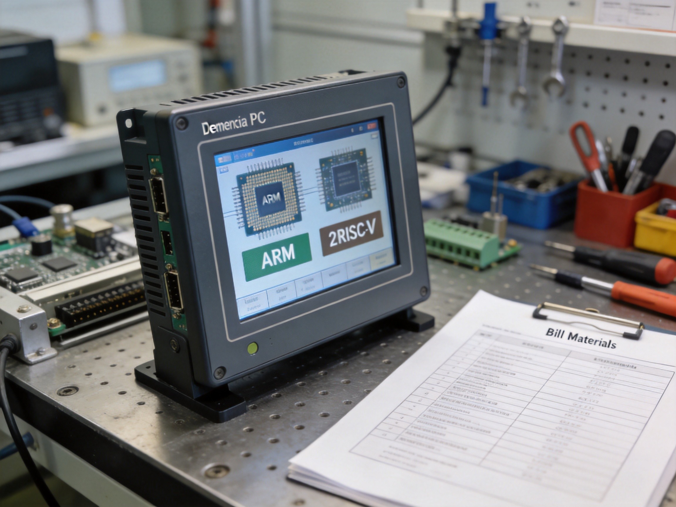 Industrial panel PC with domestic ARM and RISC-V chipset options on a testing bench with bill of materials documentation