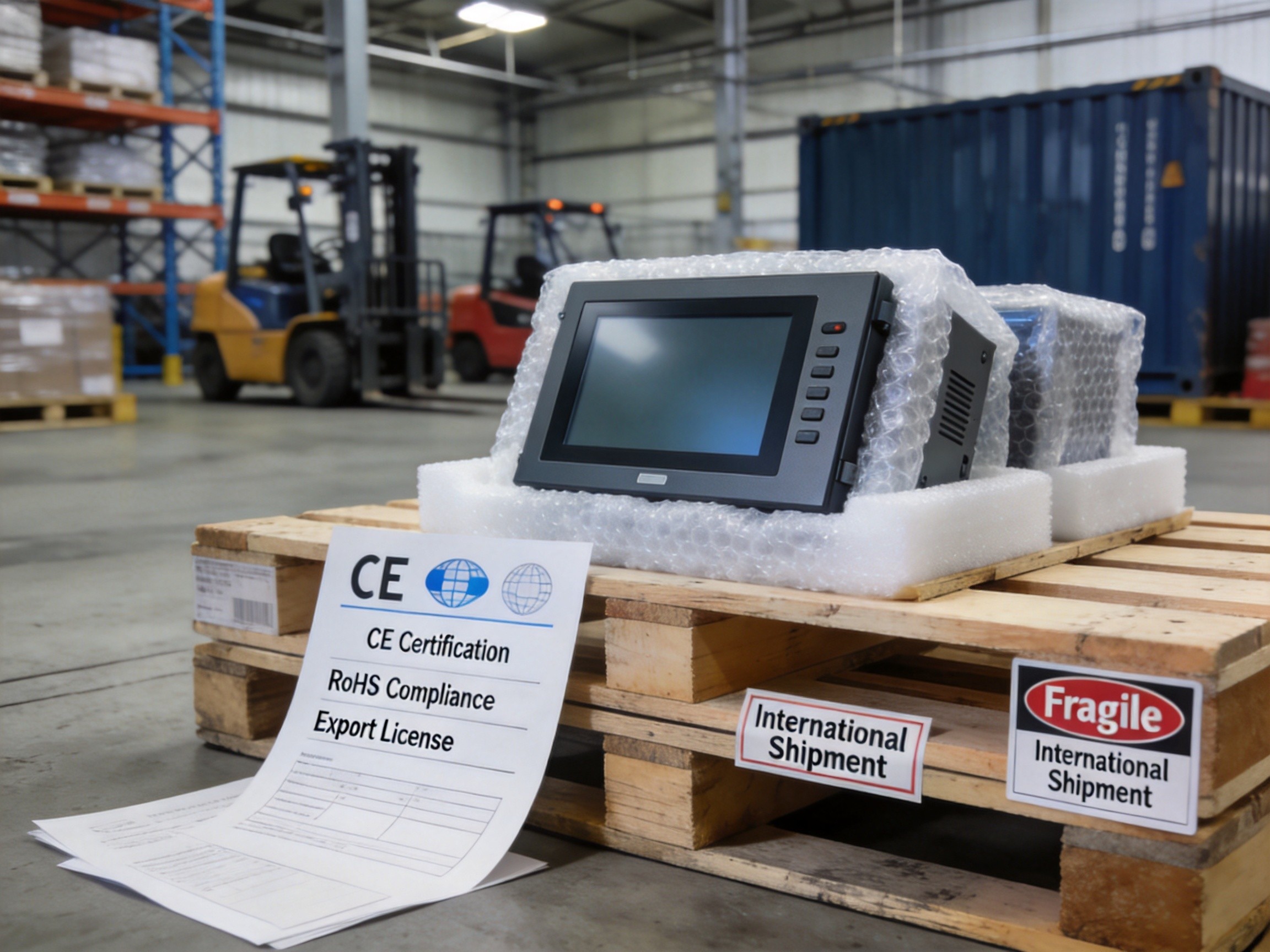 Industrial panel PCs being prepared for international export shipment with global logistics and compliance documentation