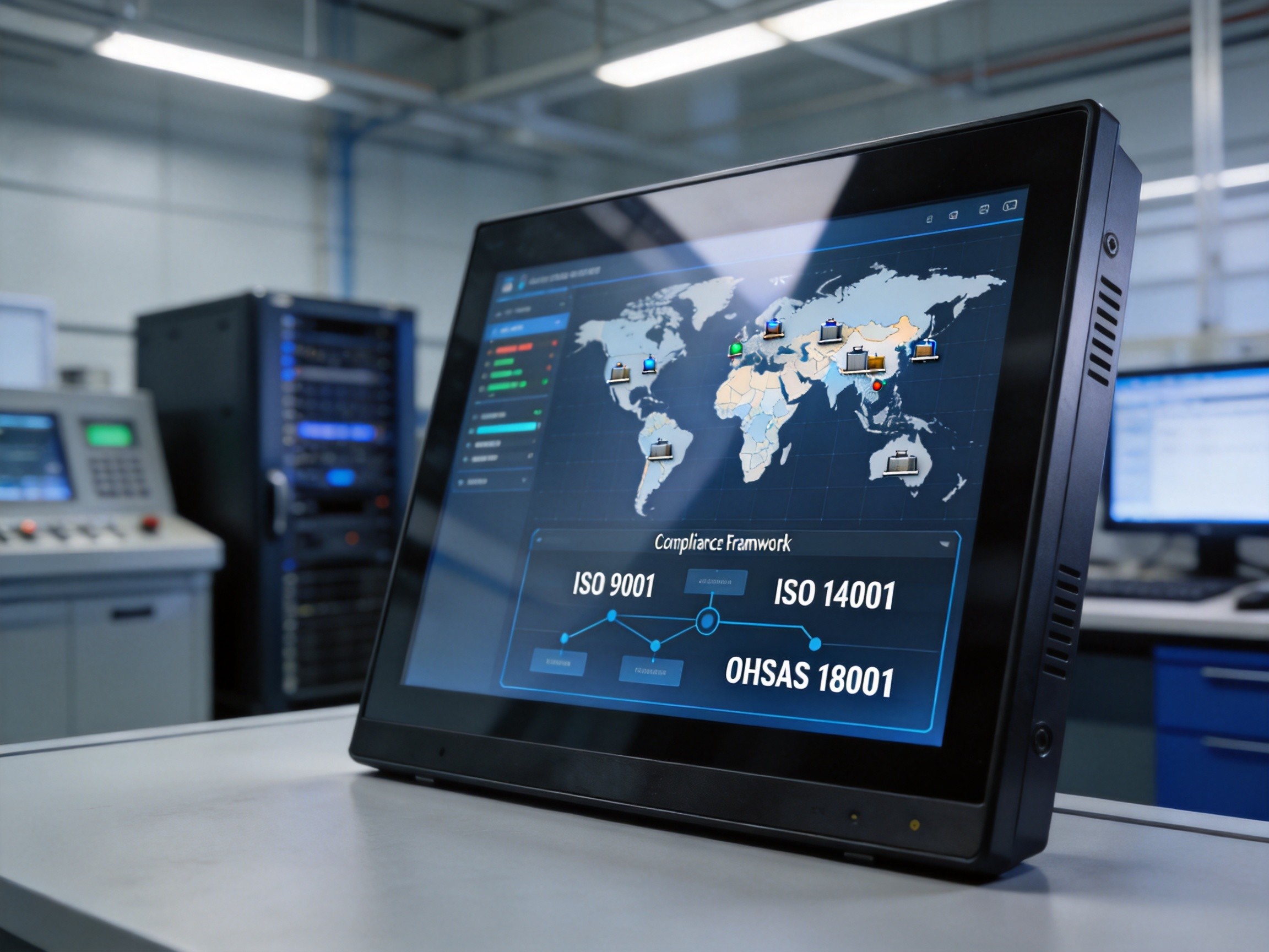 Industrial panel PC in a control room with international factory deployment context and global compliance framework