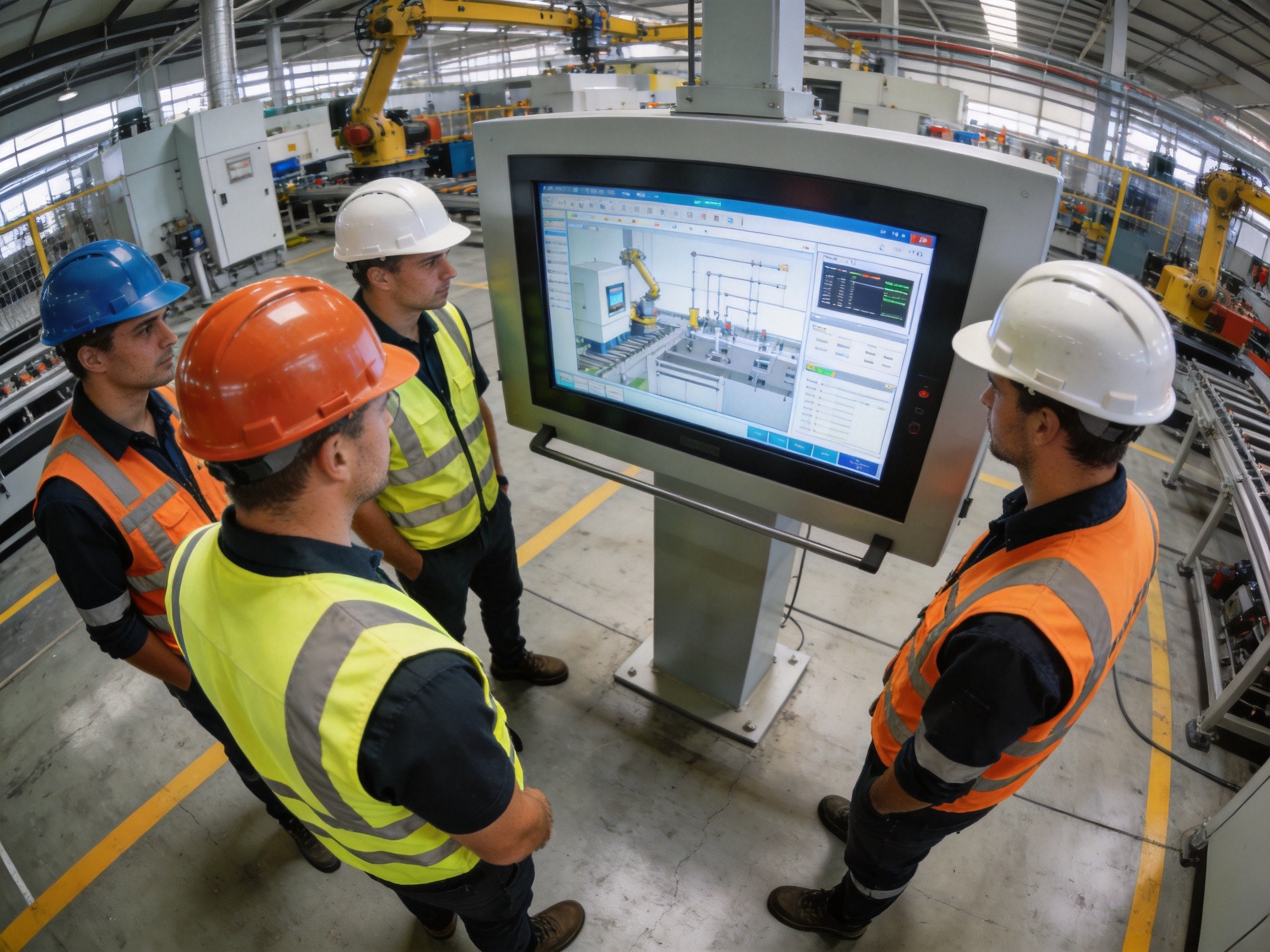 Multiple factory operators in safety gear viewing the same industrial panel PC display from different angles on a manufacturing floor