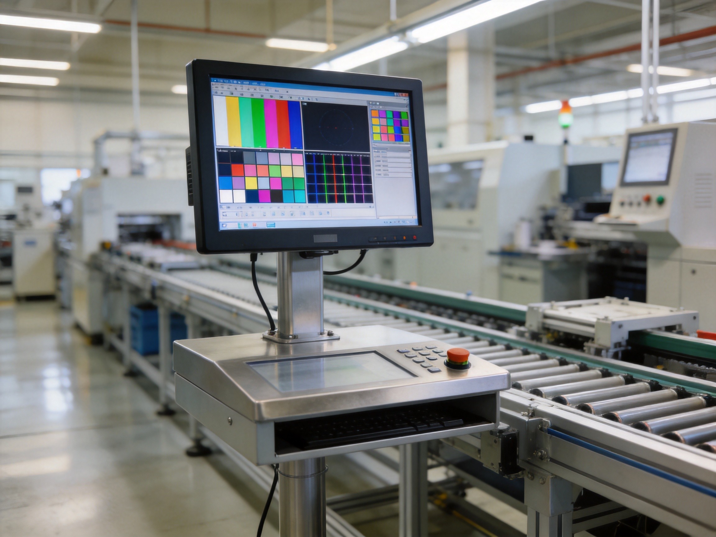 Quality inspection workstation with industrial panel PC displaying color calibration charts on a factory production line
