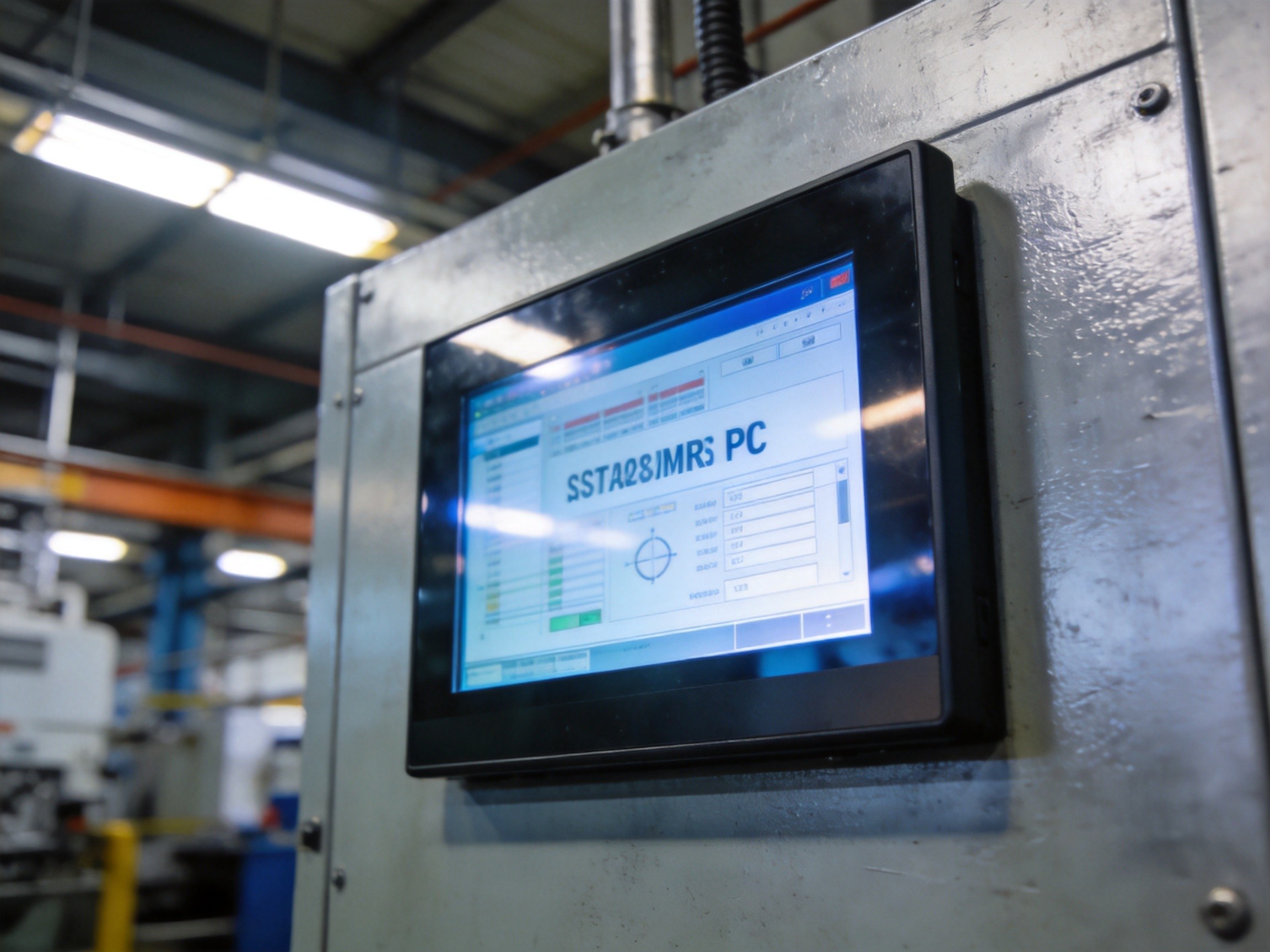 Industrial panel PC display mounted on a factory wall under bright ambient lighting demonstrating contrast and visibility performance