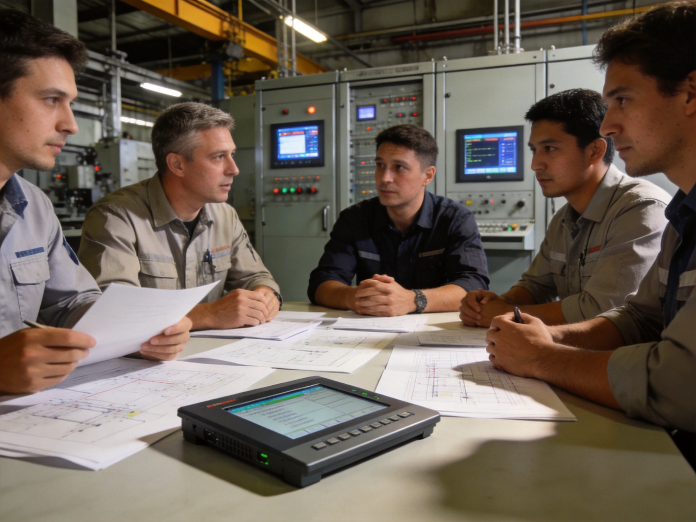 Engineering team in a factory control room evaluating industrial panel PC specifications and deployment criteria