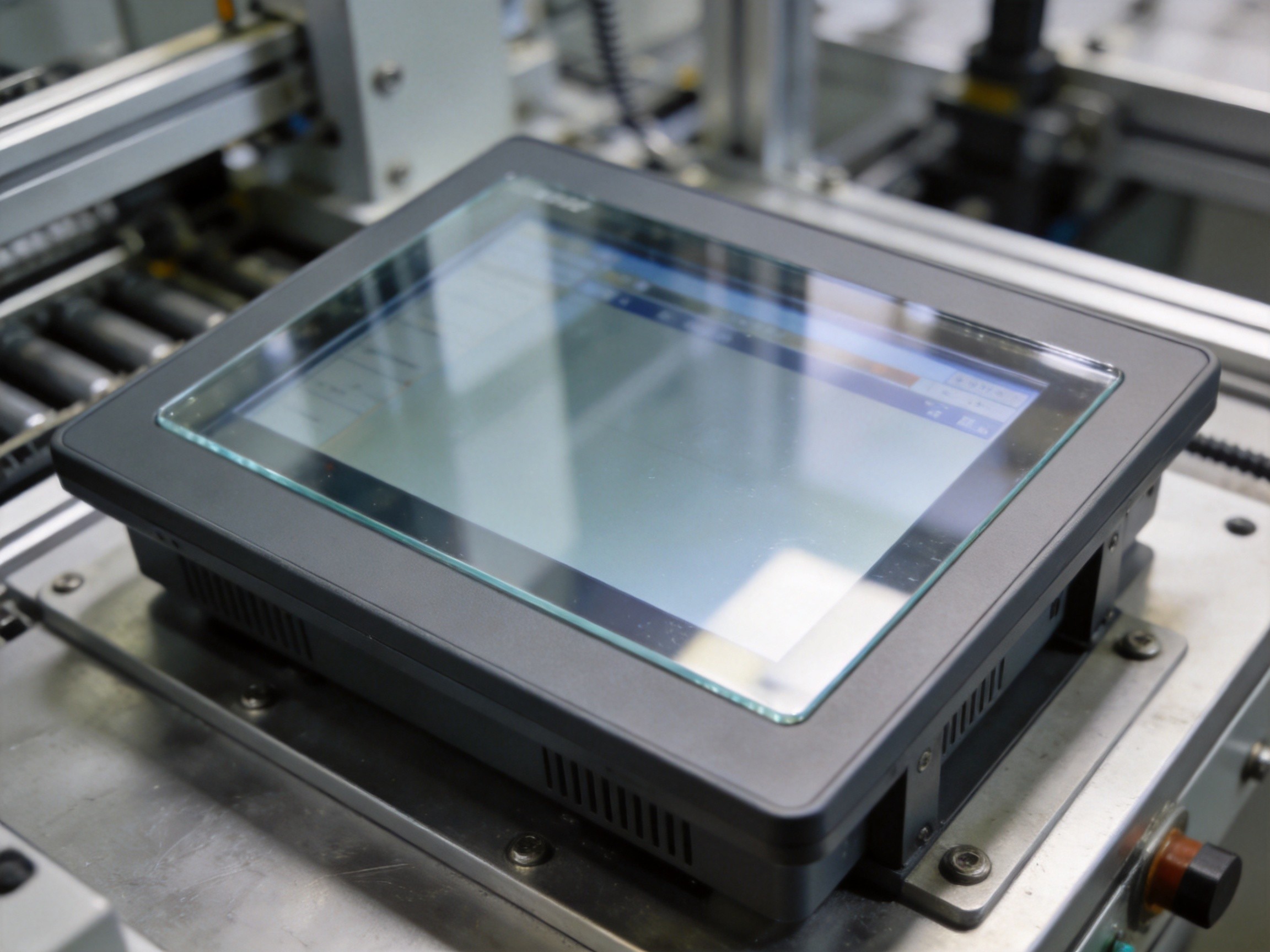 Industrial panel PC with optically bonded anti-glare display installed on a manufacturing workstation