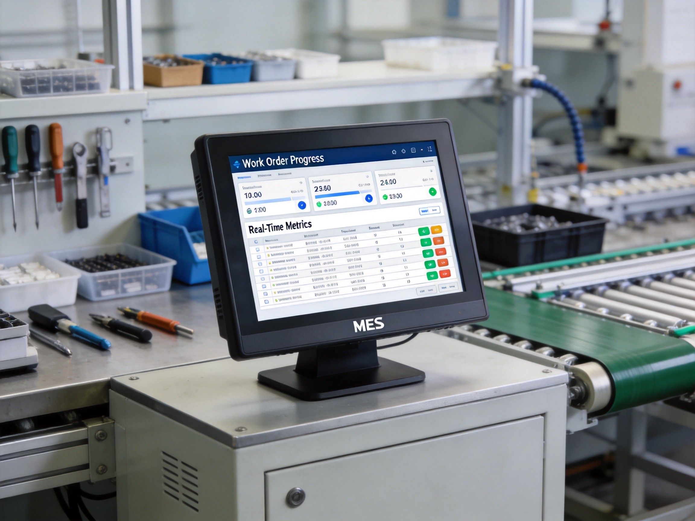 Industrial panel PC serving as MES terminal at a discrete manufacturing assembly workstation displaying production data dashboard