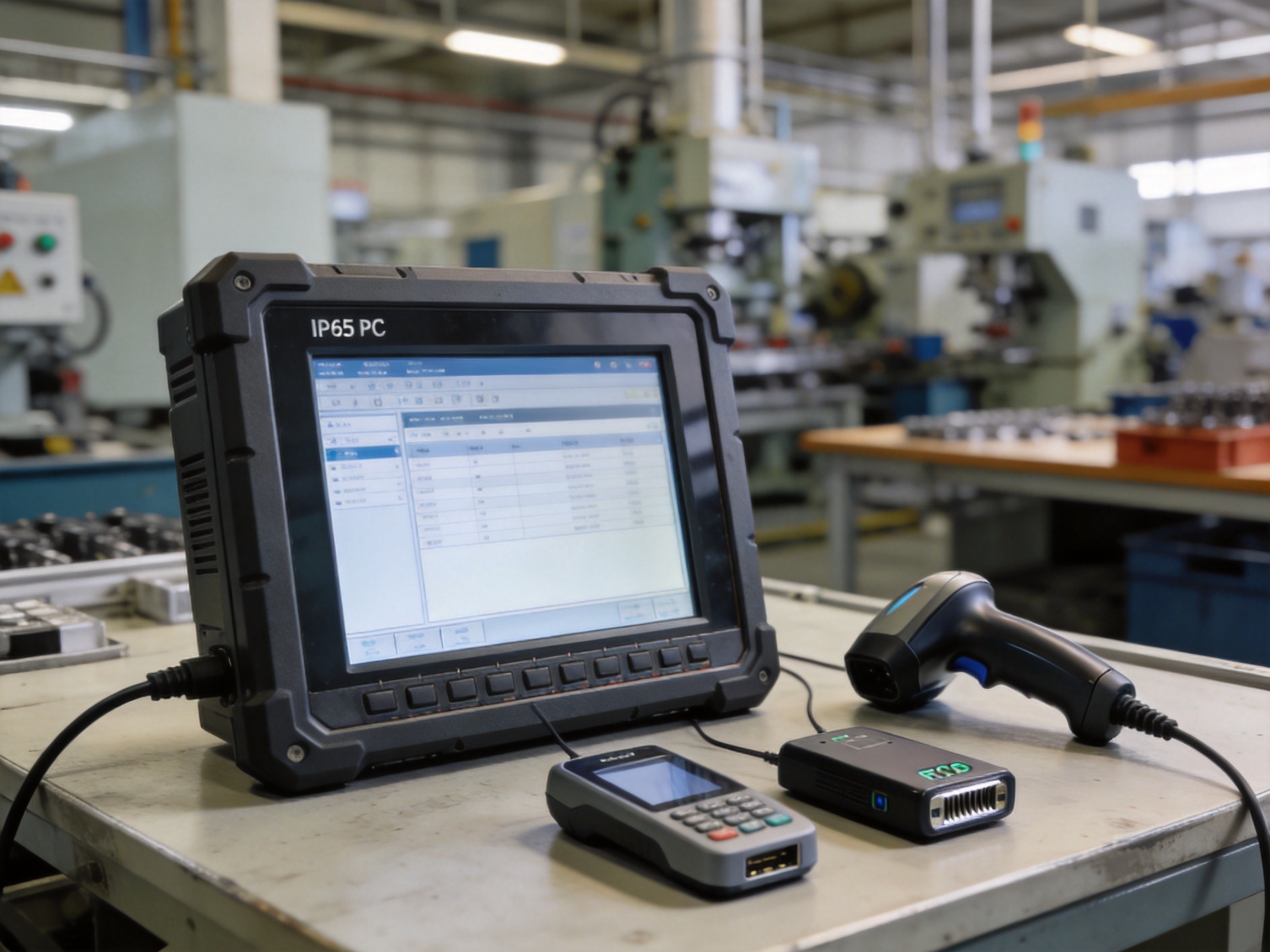 Industrial panel PC with connected barcode scanner and RFID reader peripherals at a factory workstation with IP65-rated front bezel