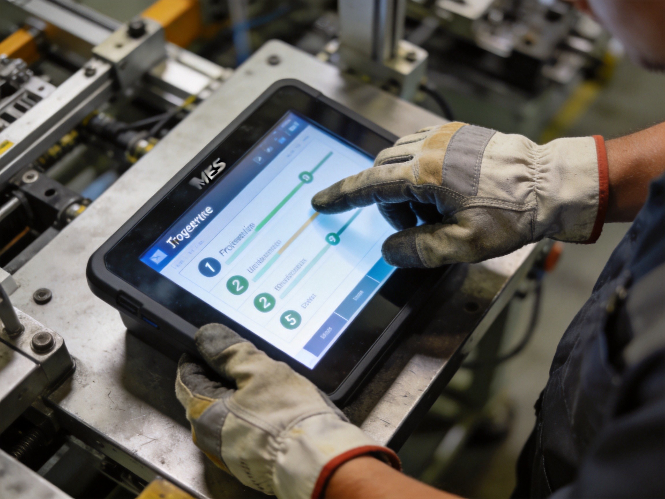 Factory operator wearing industrial gloves interacting with a touchscreen MES terminal displaying workflow progression