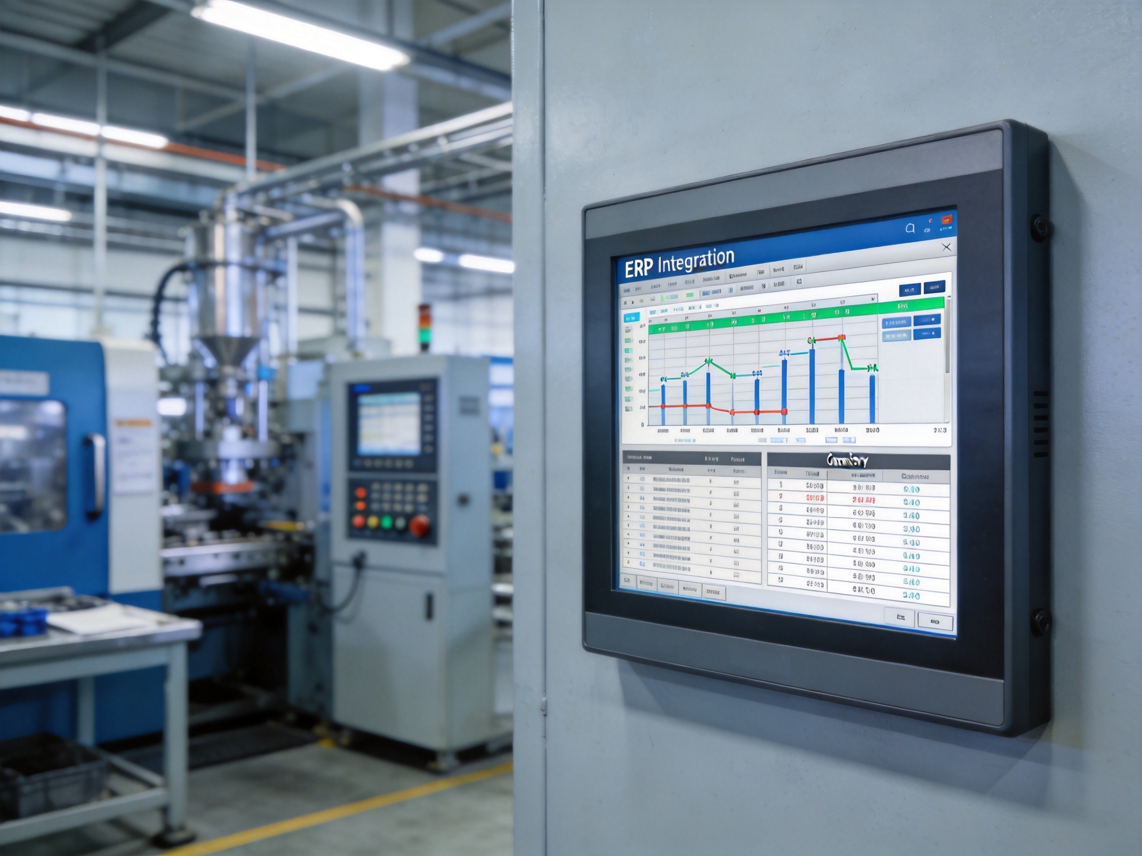 Industrial panel PC displaying ERP integration dashboard with production scheduling and inventory data in a factory control room