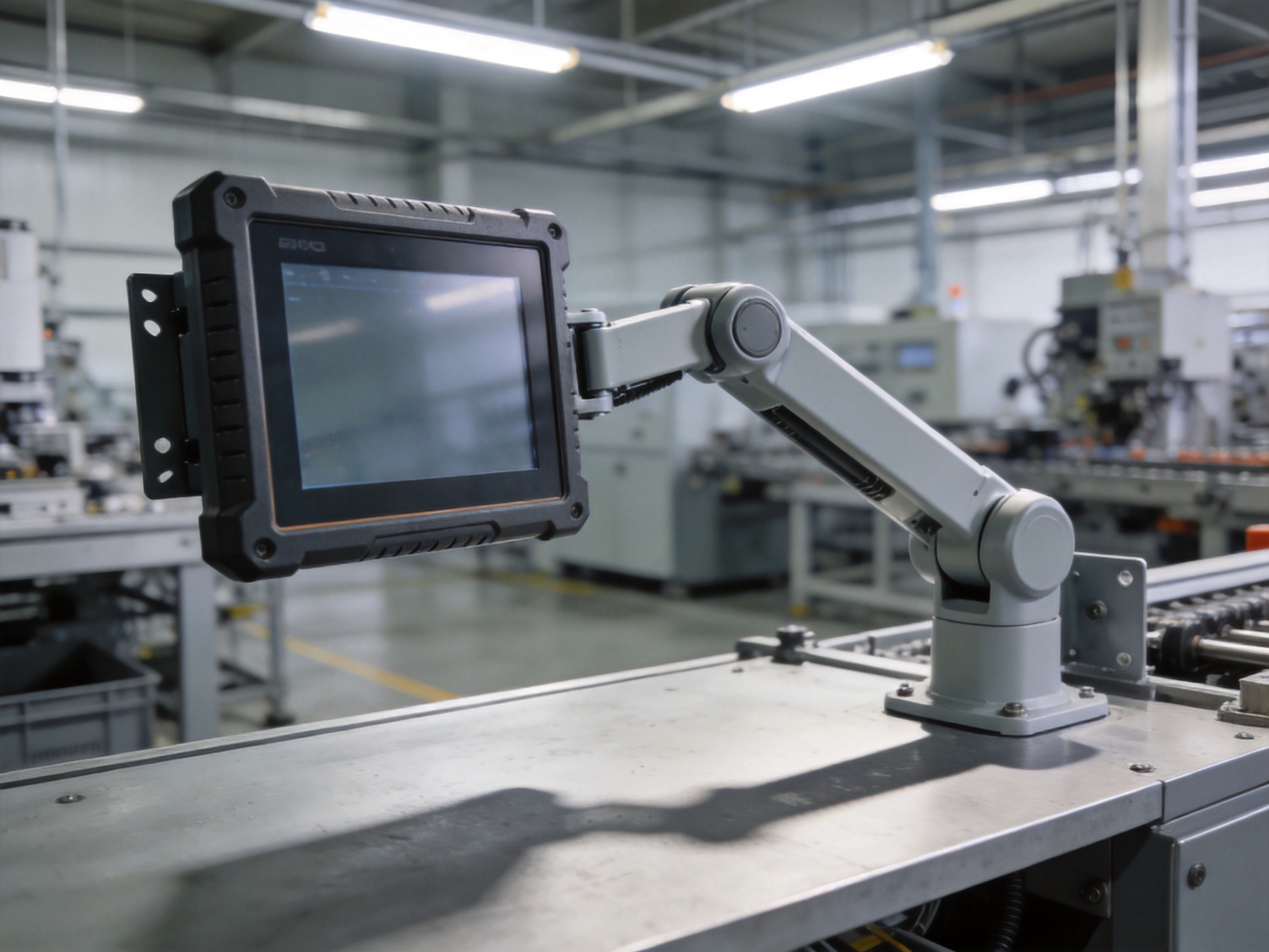 Industrial panel PC mounted on a VESA-compatible articulating arm at a manufacturing workstation adjustable between positions