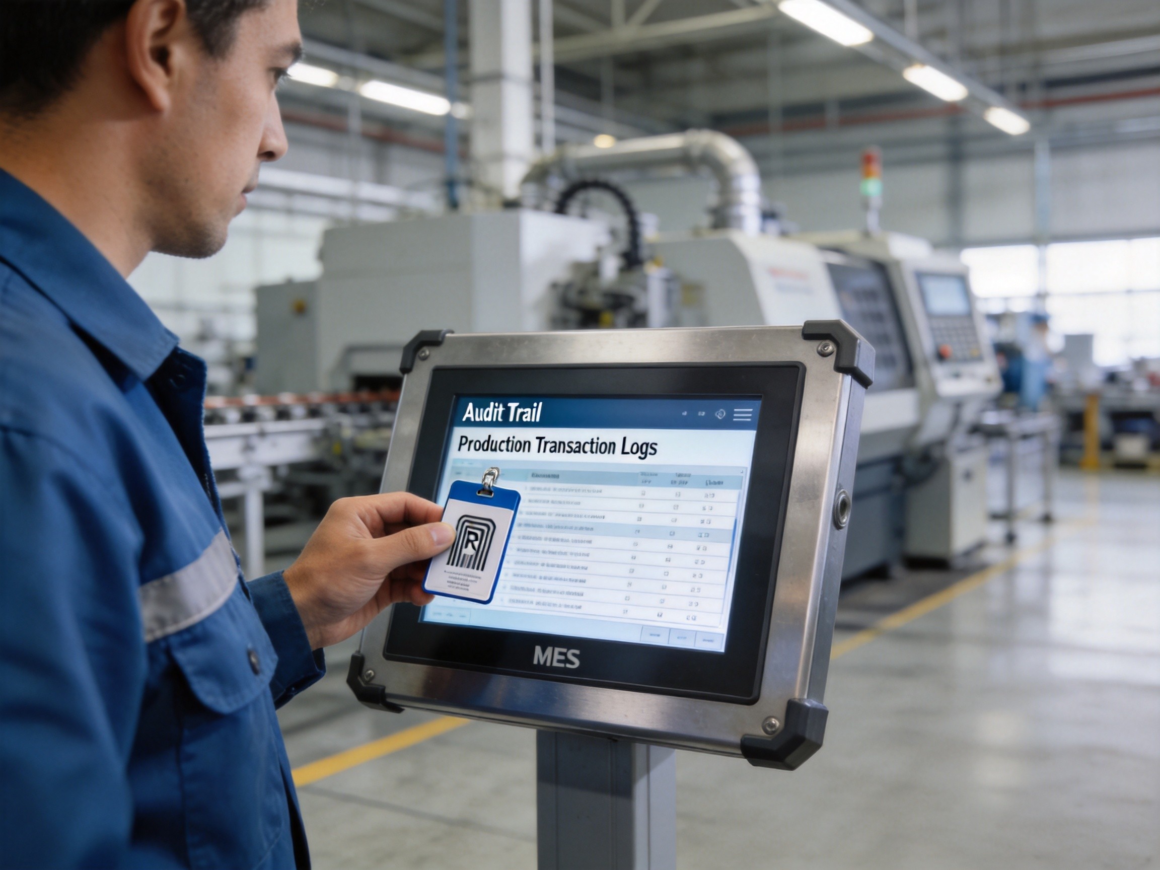 Factory operator using RFID badge to authenticate at an MES terminal industrial panel PC with audit trail display