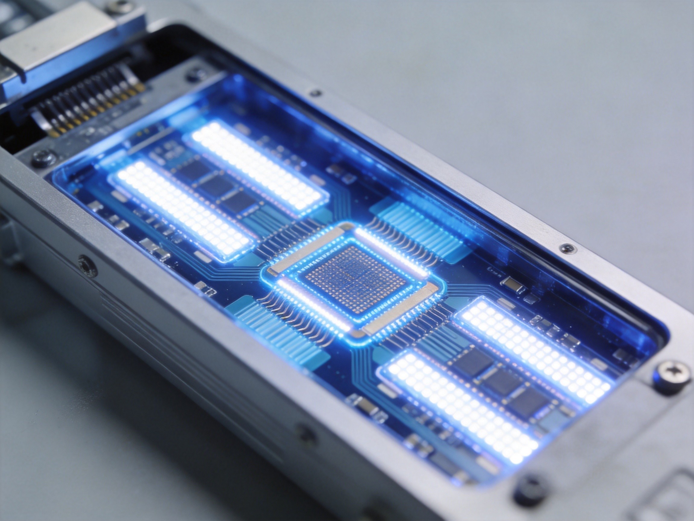 Close-up of LED backlight array inside an industrial display panel showing semiconductor junctions and phosphor coating layers