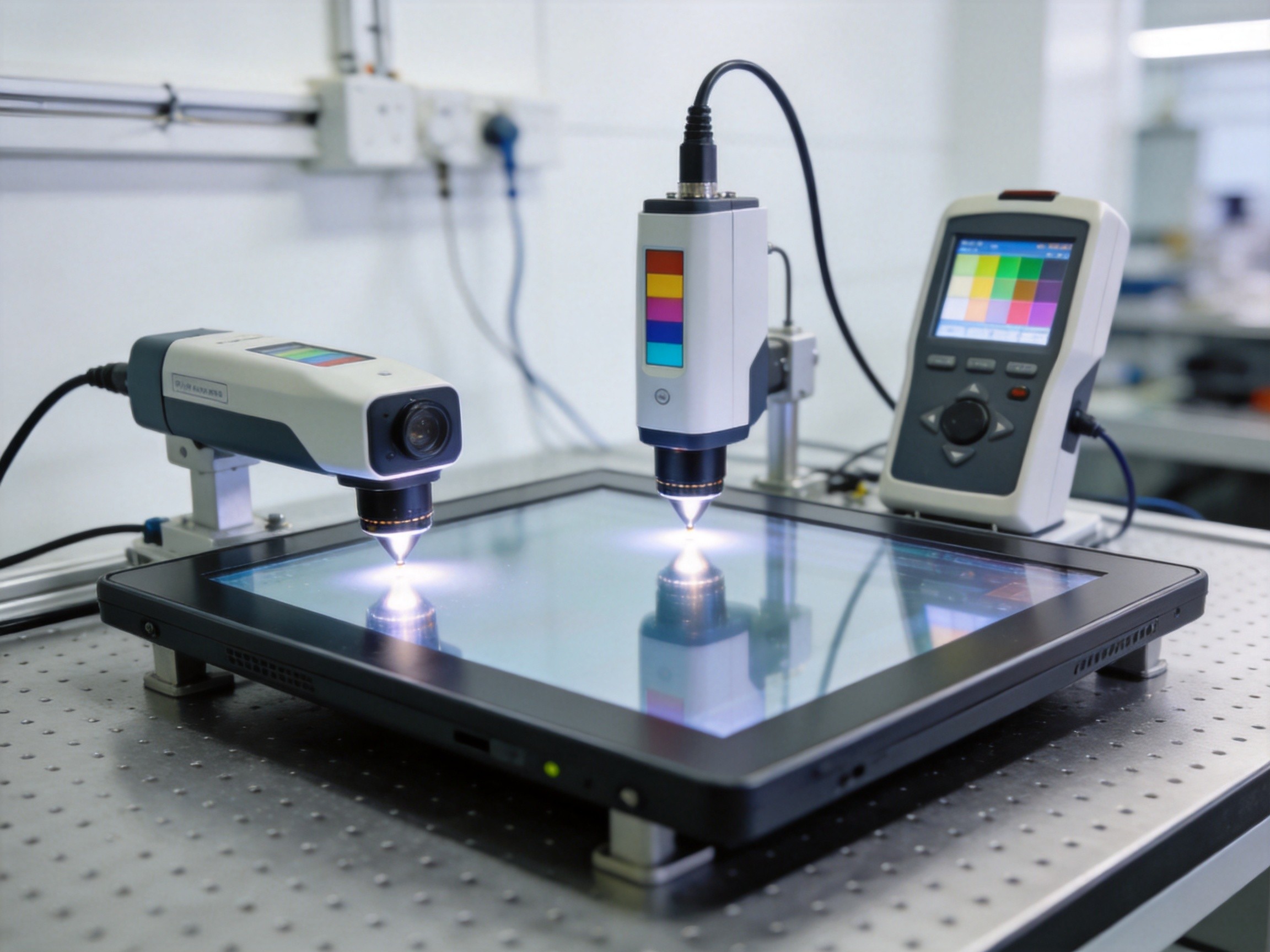 Industrial panel PC display undergoing brightness testing in a laboratory with luminance measurement equipment and calibration setup
