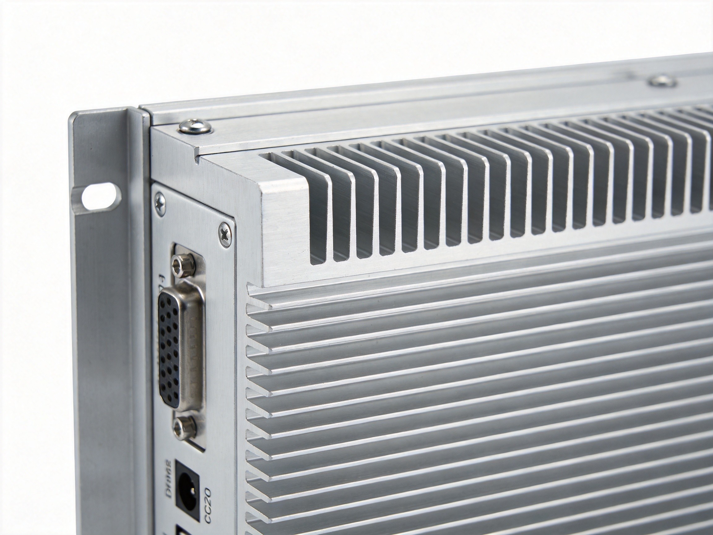 Industrial panel PC with aluminum finned rear enclosure for passive heat dissipation showing thermal management design