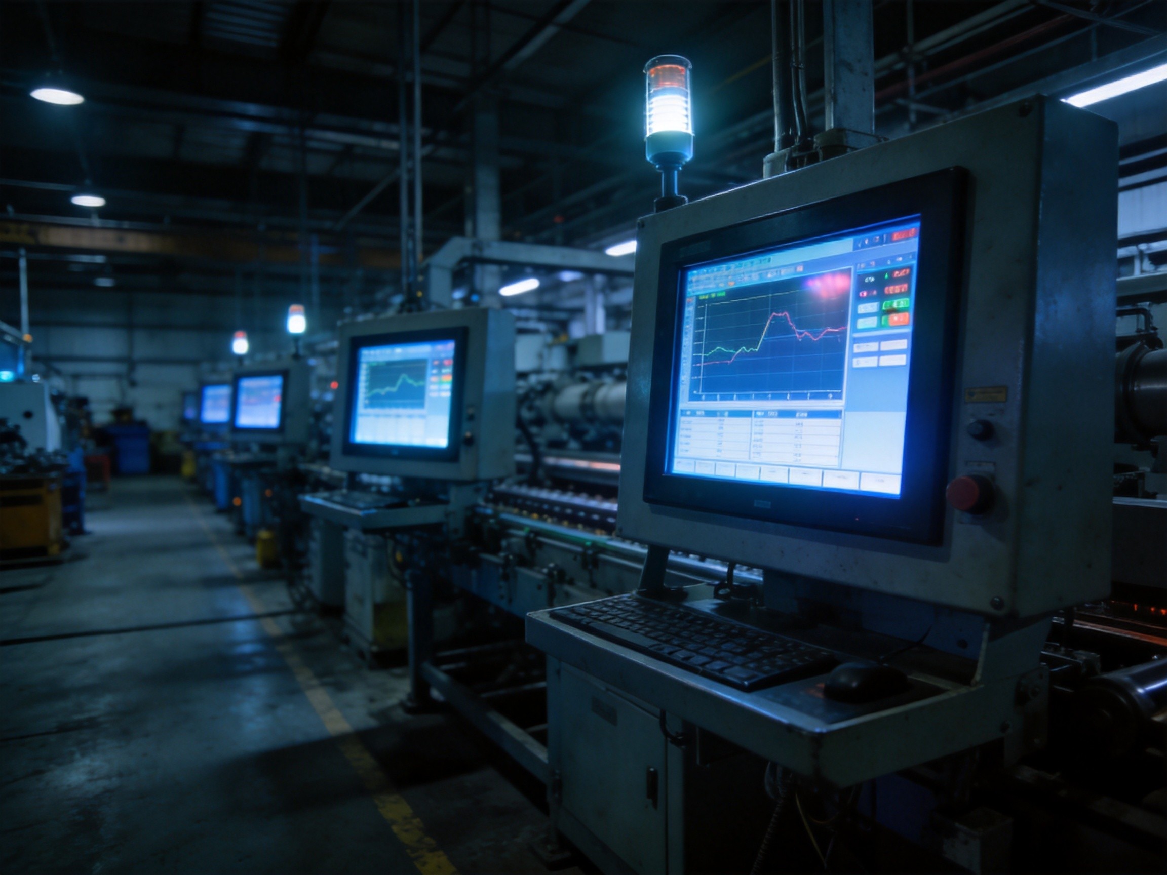 Factory floor with industrial panel PCs operating 24/7 under night shift conditions with ambient light sensor adjusting display brightness