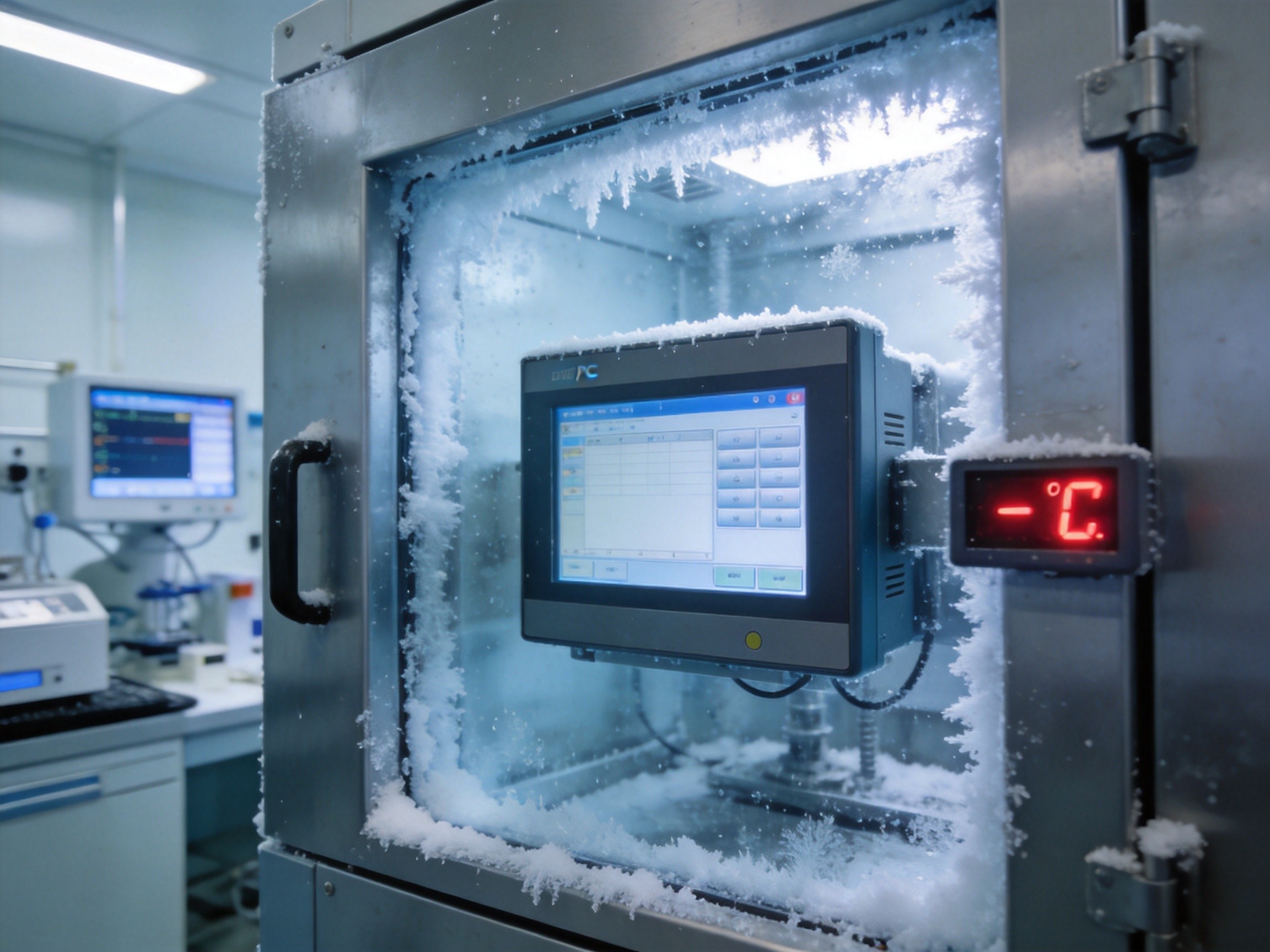 Industrial panel PC undergoing cold start reliability testing inside an environmental chamber at sub-zero temperature with monitoring equipment