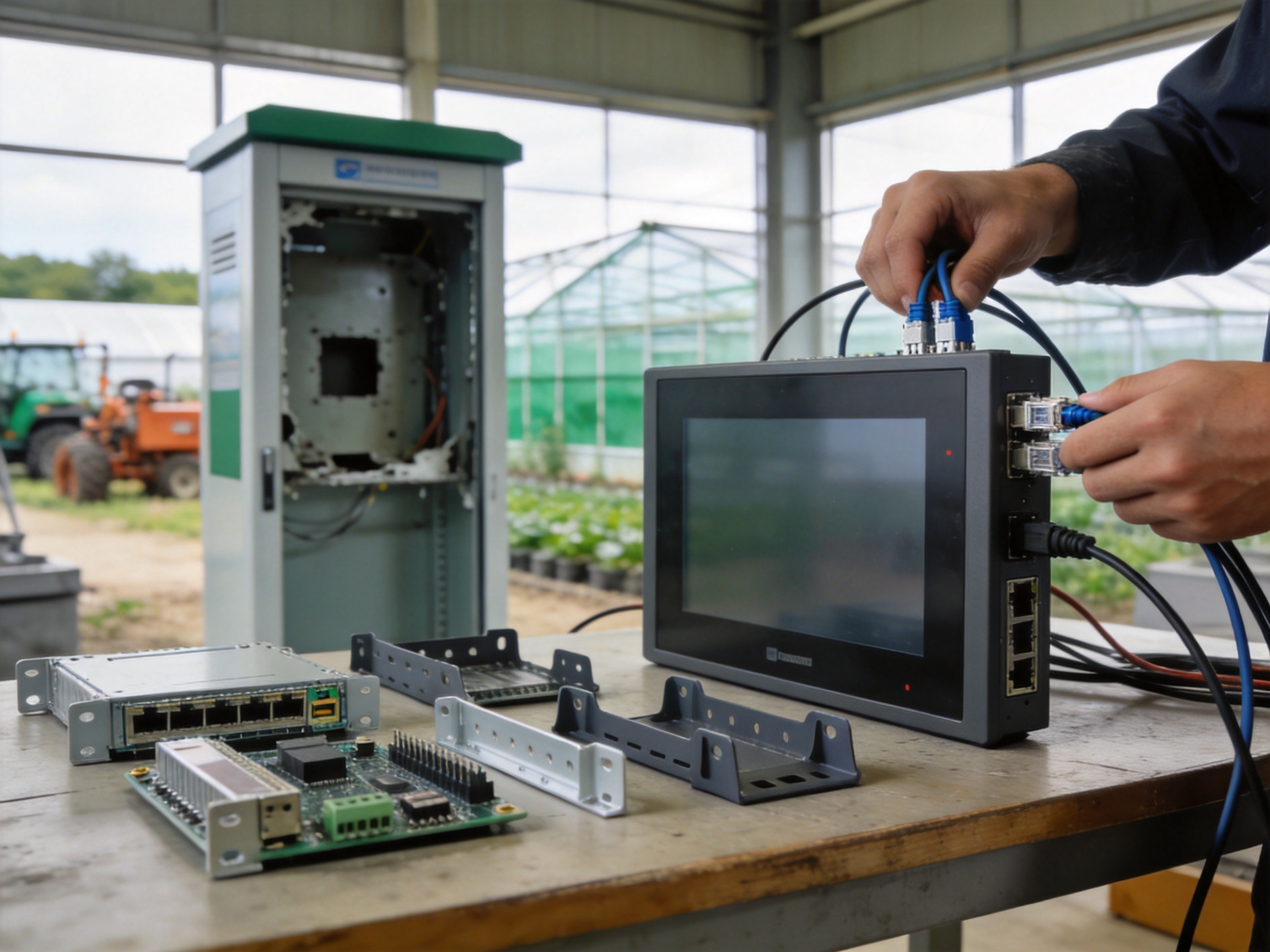 Industrial panel PC with sunlight-readable display operating outdoors at transportation hub with clear visible screen under direct sunlight