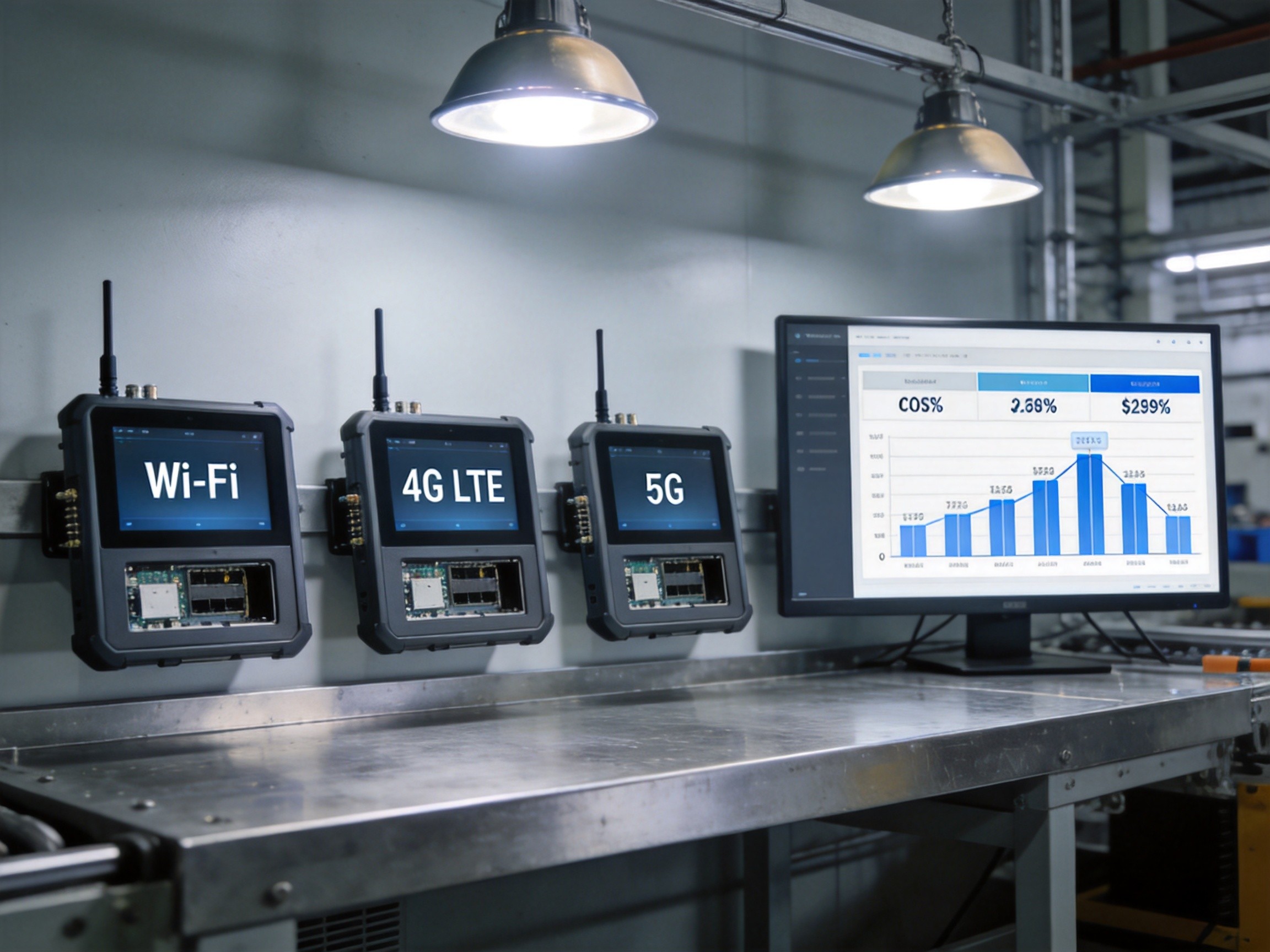 Industrial panel PC hardware modules comparison showing Wi-Fi 4G LTE and 5G connectivity options on factory workbench
