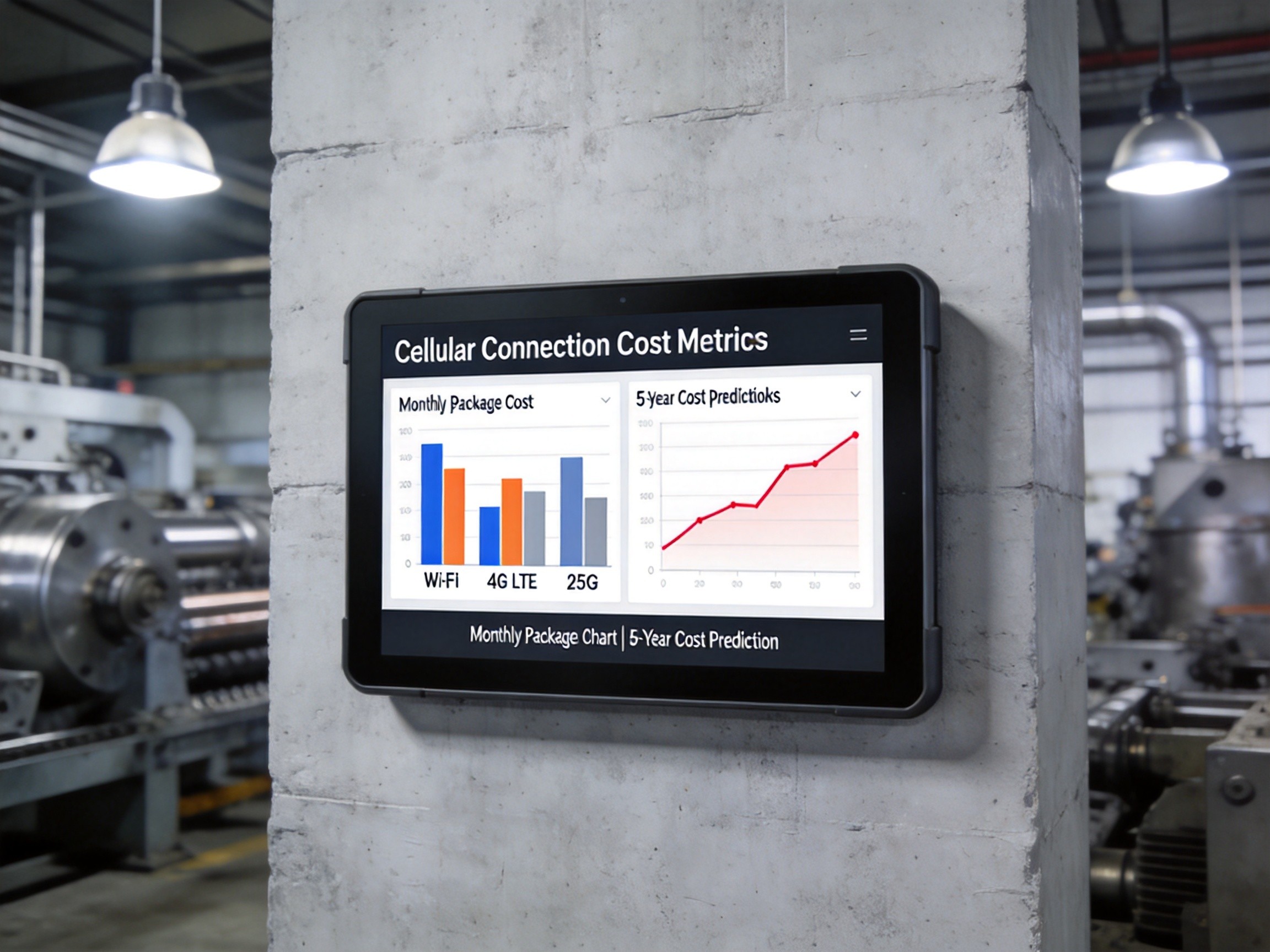 Industrial panel PC displaying cellular data plan cost analytics dashboard with five-year cost projections