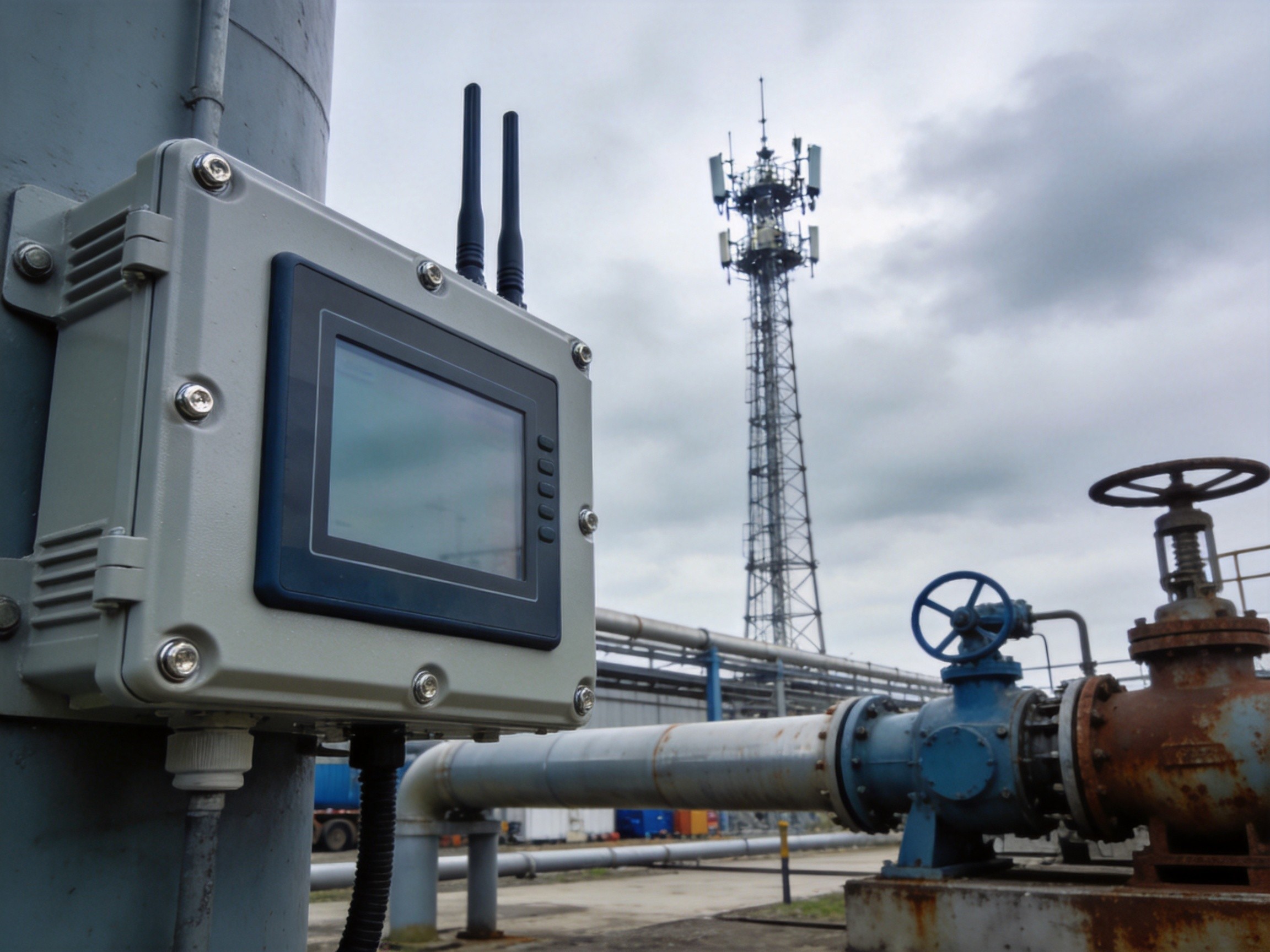 Remote outdoor industrial facility with cellular-connected panel PC and communication tower for distributed asset connectivity