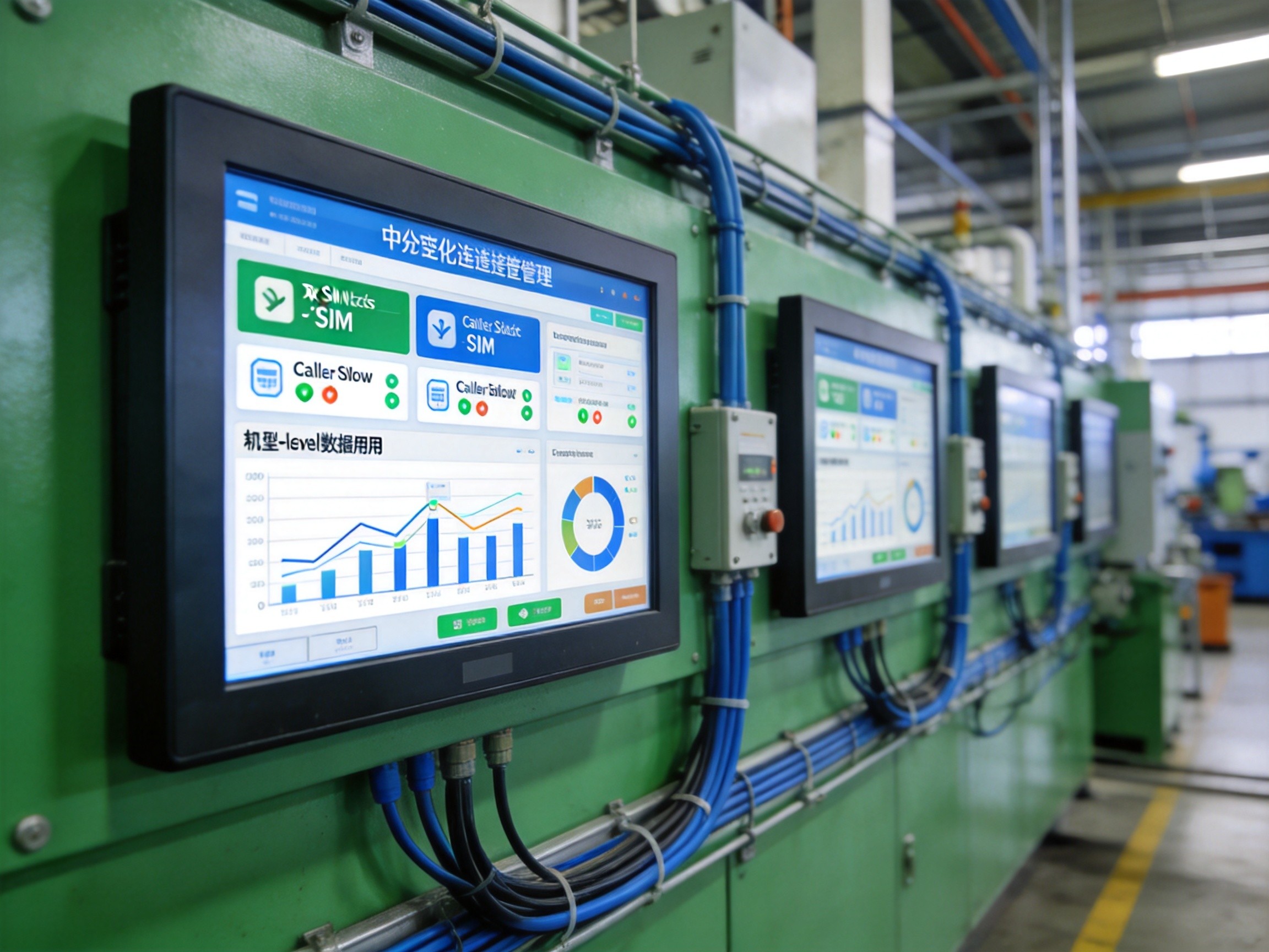 Factory control room with industrial panel PCs displaying connectivity management dashboard and dual-SIM carrier failover monitoring
