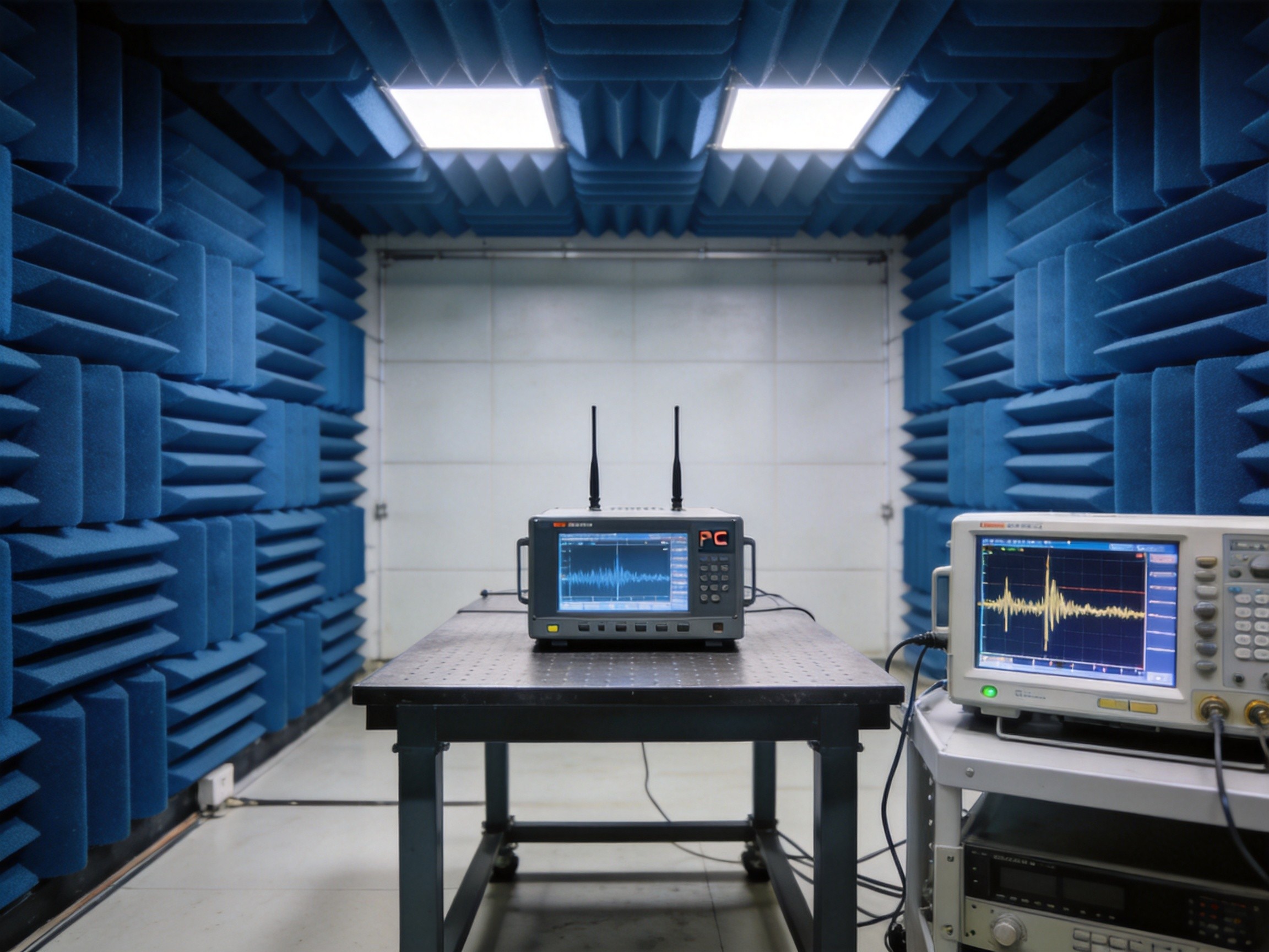 EMC testing laboratory semi-anechoic chamber with industrial panel PC undergoing FCC Part 15 radiated emissions compliance testing