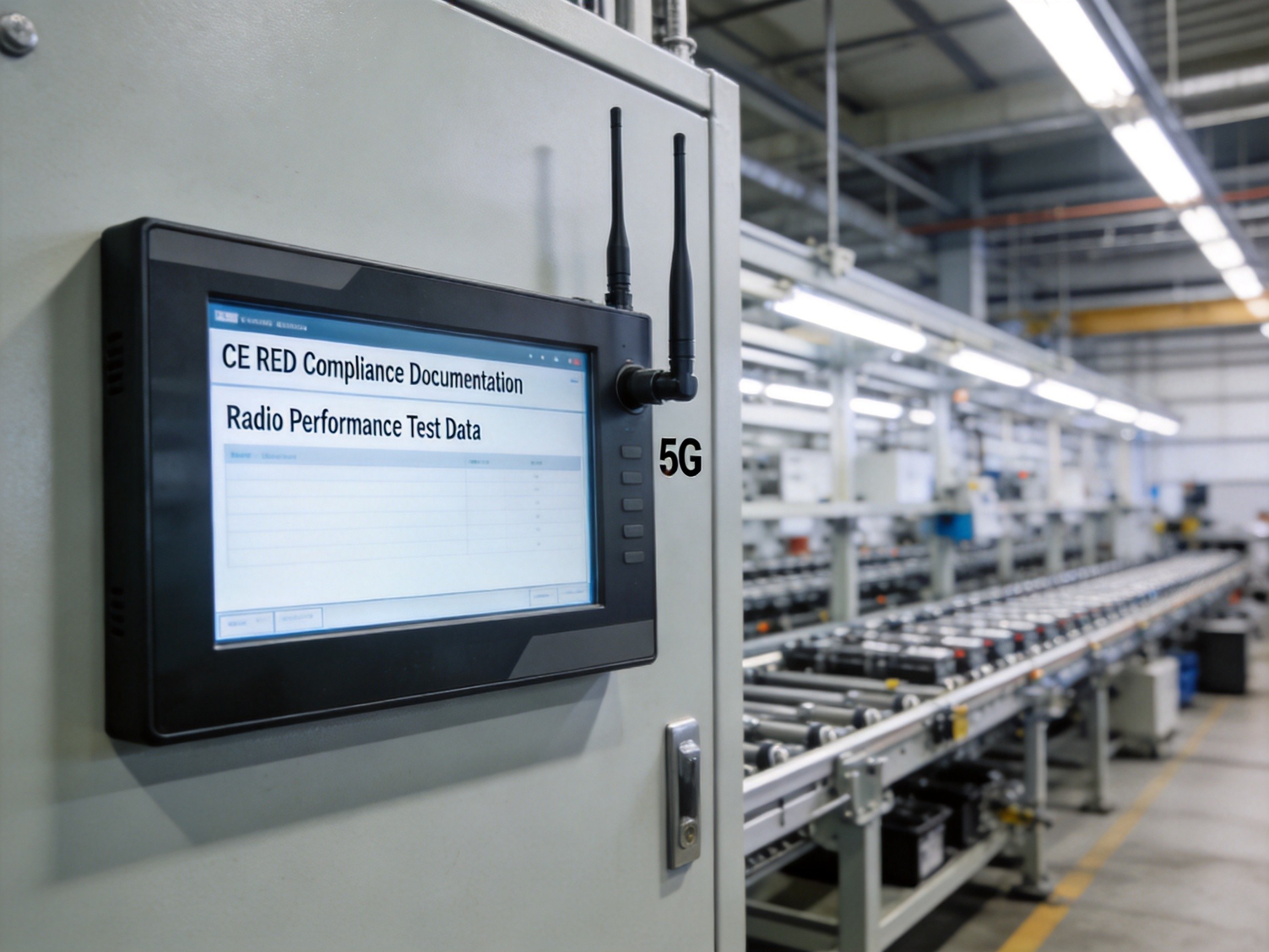 European manufacturing facility with industrial panel PC displaying CE RED compliance documentation and integrated 5G antennas