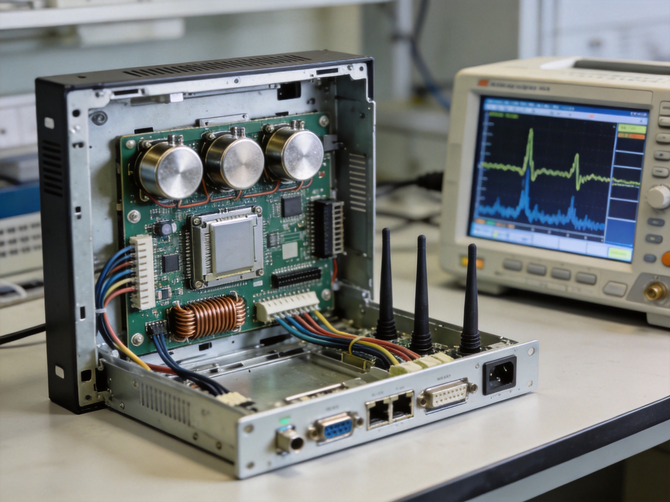 Industrial panel PC internal components showing shielding cans common-mode chokes and spectrum analyzer pre-compliance EMC scanning