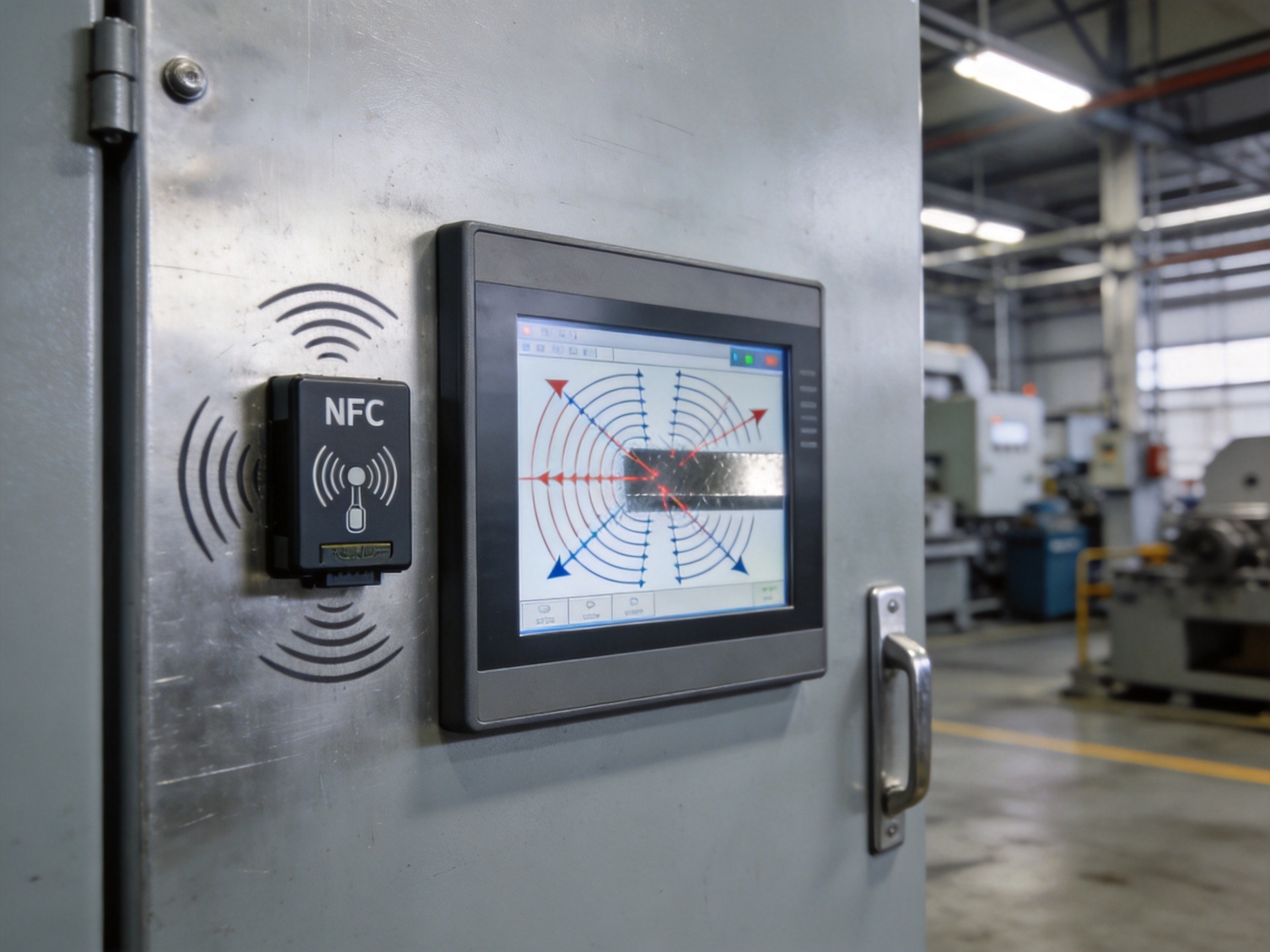 Industrial panel PC with NFC reader mounted on steel control cabinet showing eddy current magnetic field interference from metal surface
