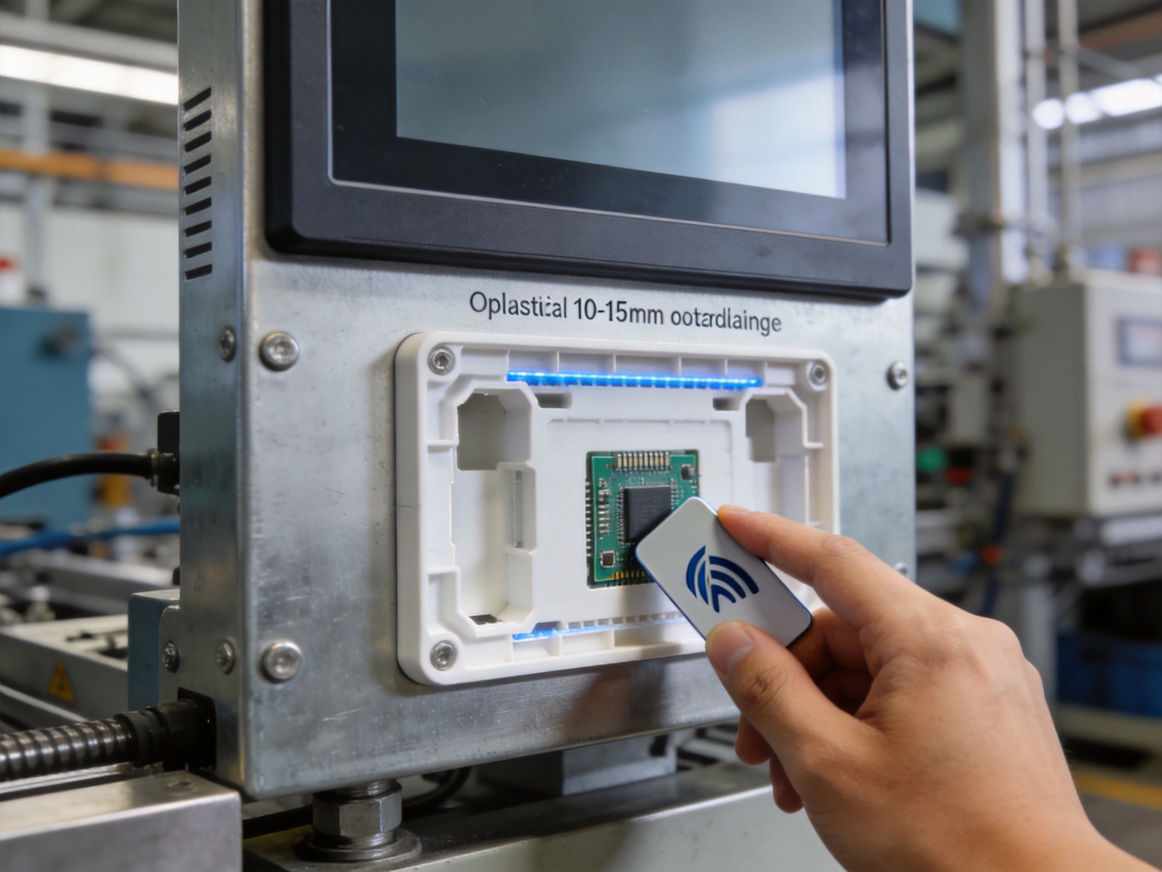 Industrial panel PC front bezel with NFC antenna integrated into plastic cutout showing optimal standoff distance from metal enclosure