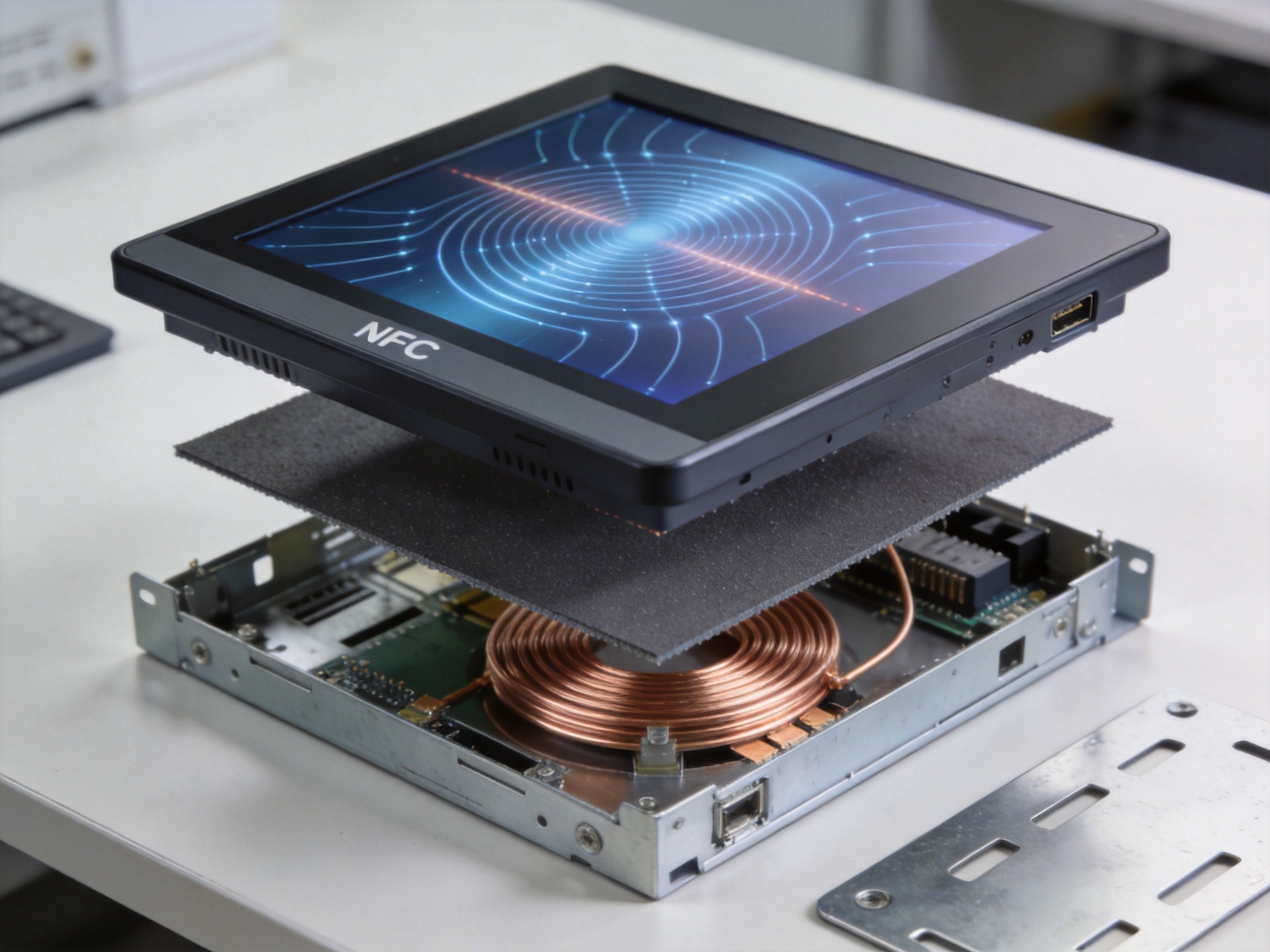 Cutaway view of industrial panel PC NFC antenna assembly with ferrite shielding sheet between copper coil and metal enclosure backplate