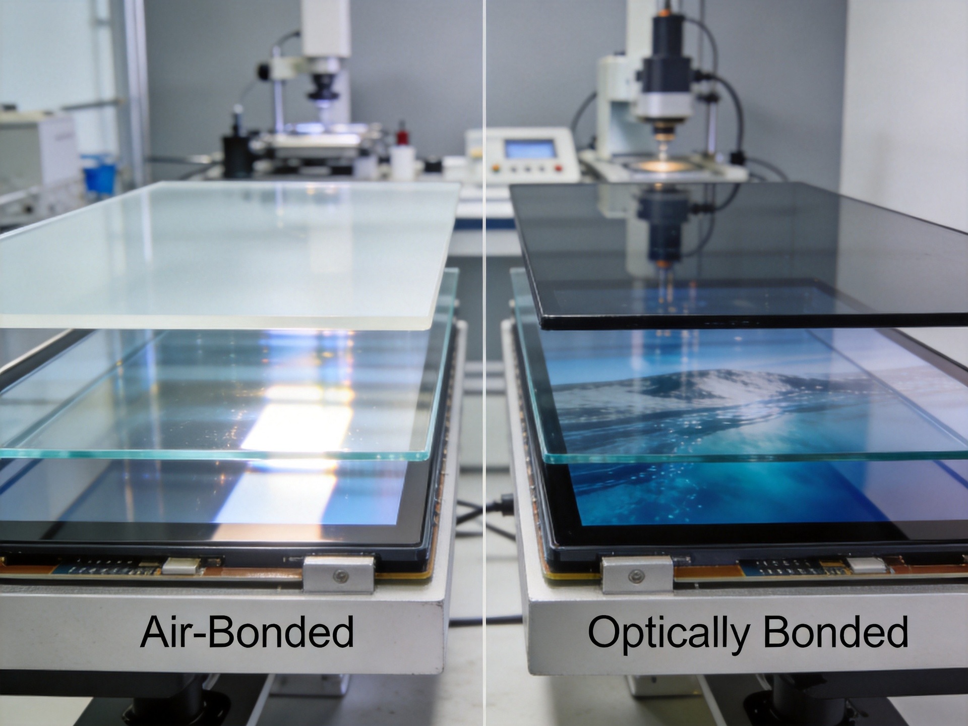 Cross-section diagram comparing air-bonded versus optically bonded industrial display layers showing reflection paths