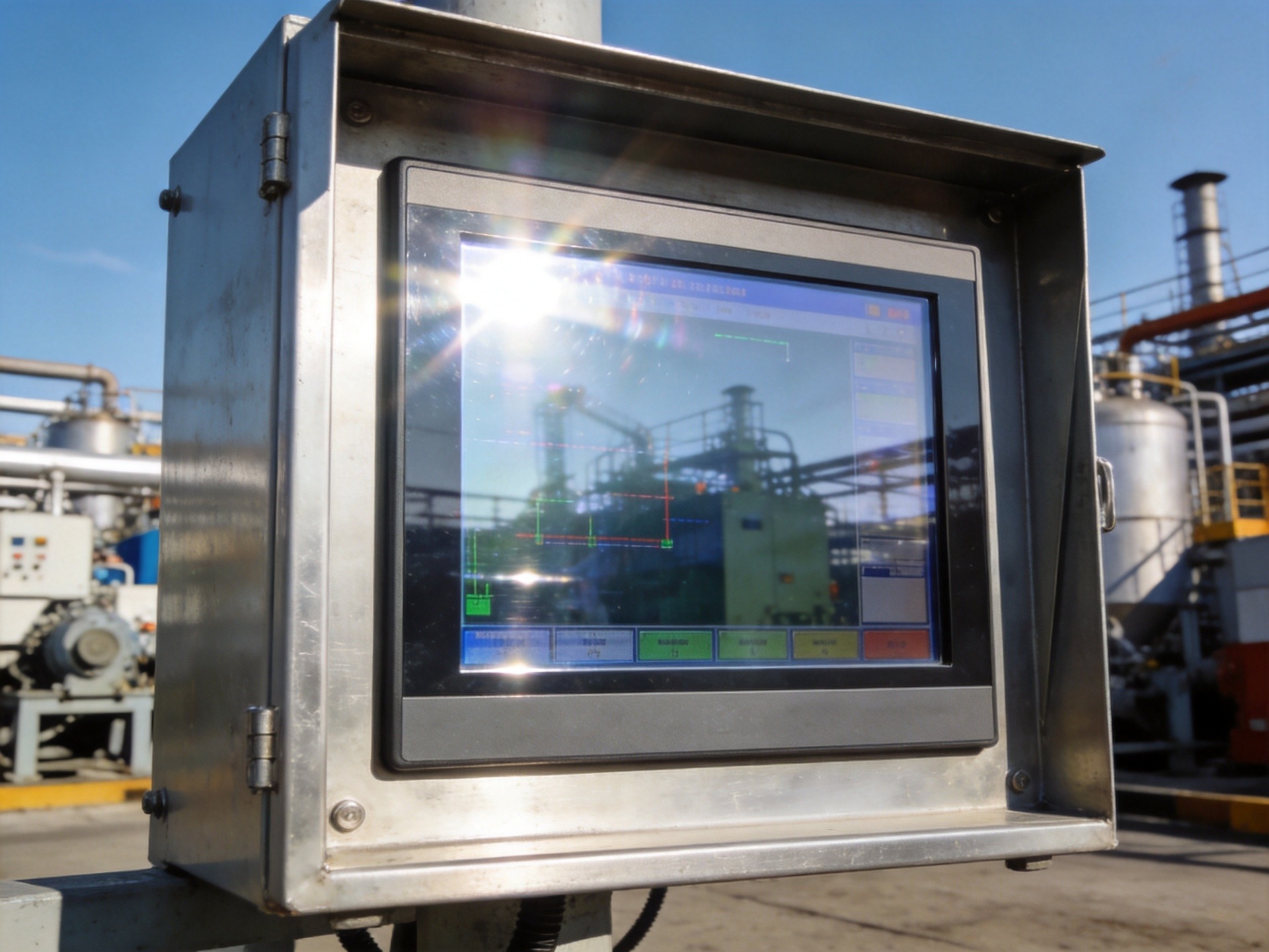 Transflective industrial LCD panel mounted in outdoor enclosure with visible reflective layer technology