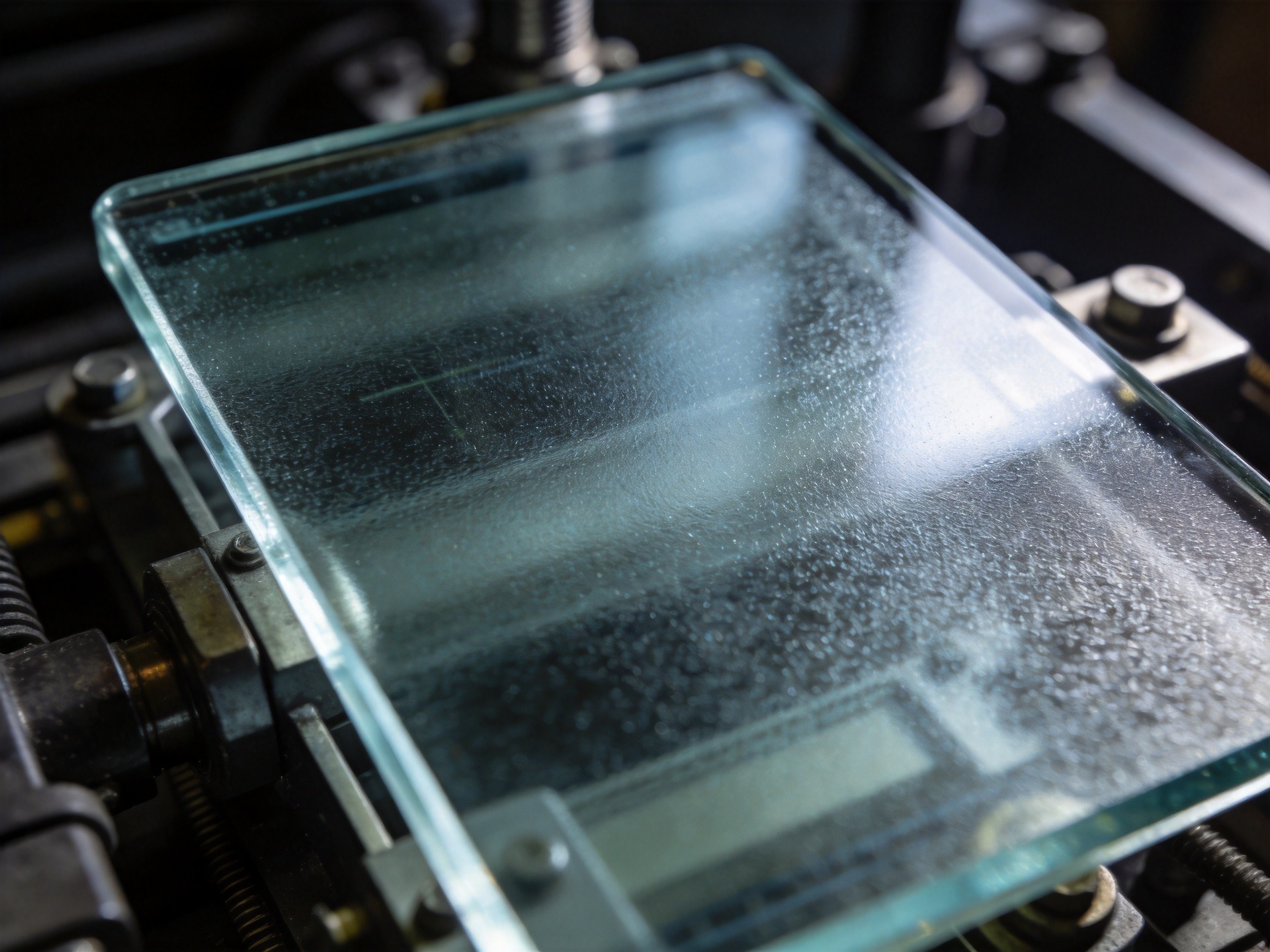 Close-up view of anti-glare etched glass surface on industrial display showing matte texture under angled light
