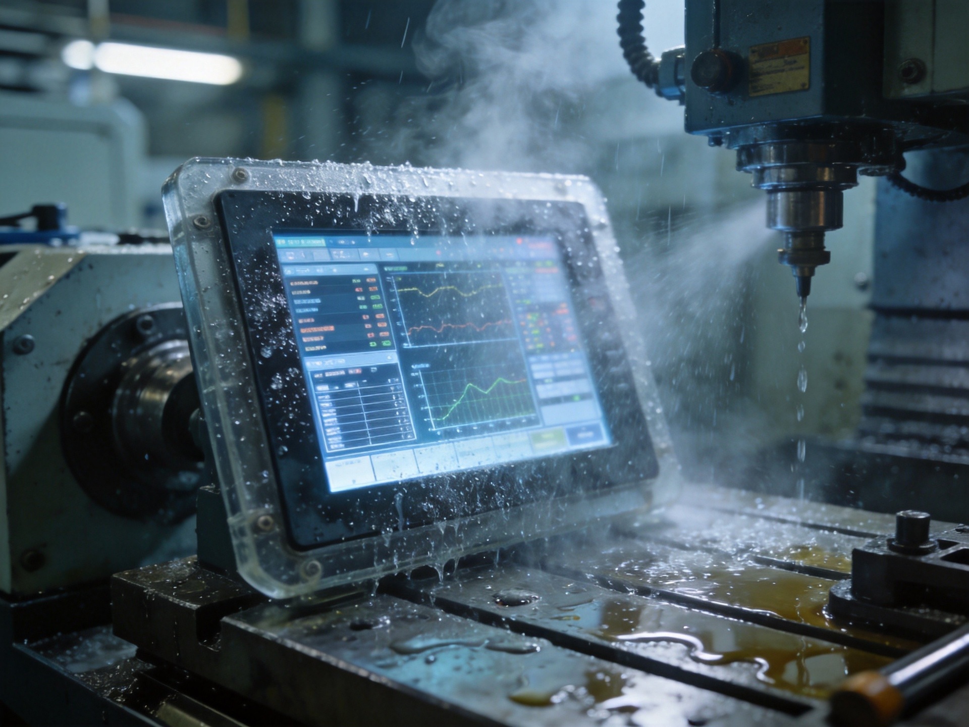 IP65-rated industrial touchscreen panel covered in coolant mist still displaying clear data in CNC shop