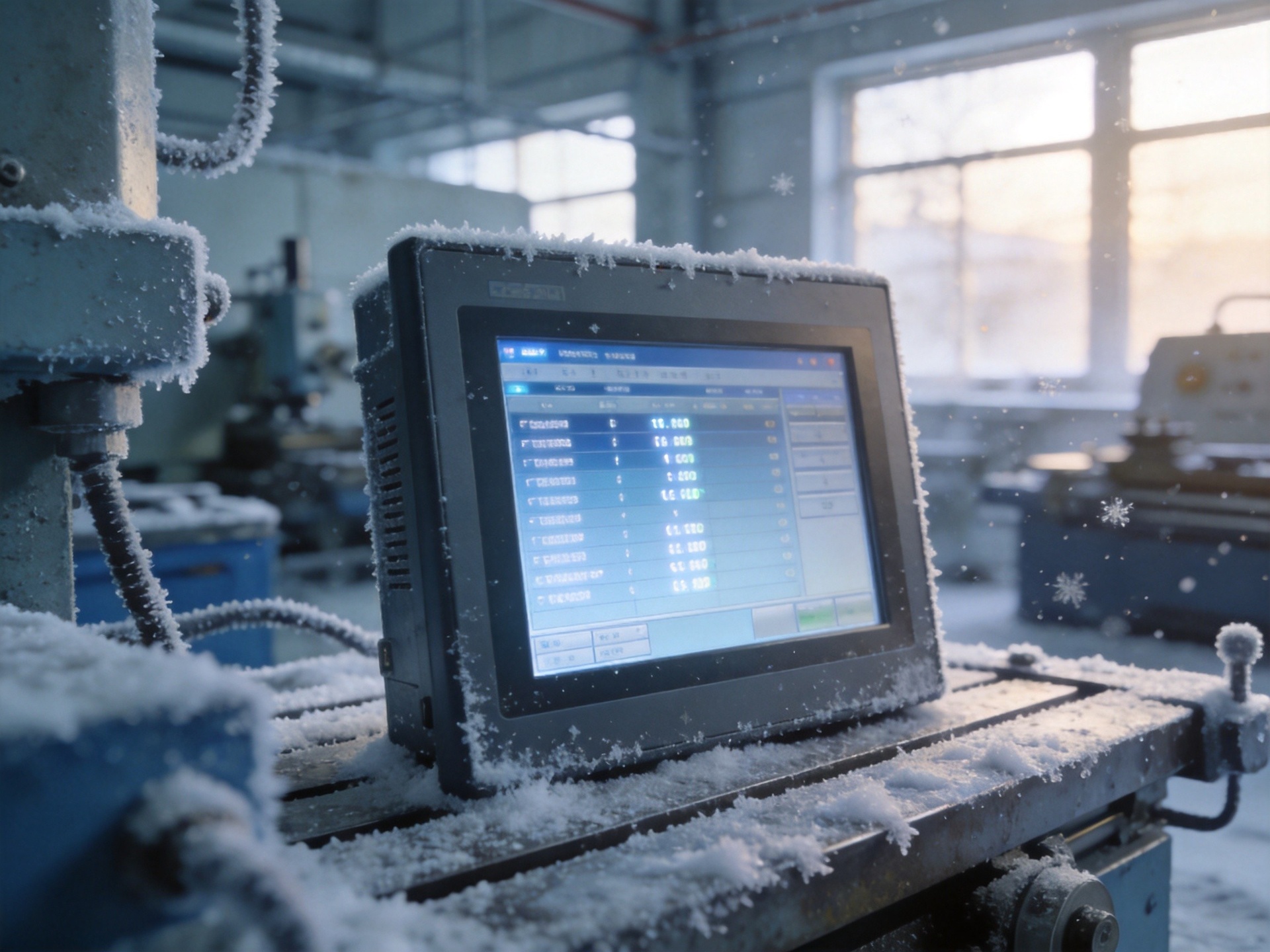Wide-temperature industrial panel PC operating in unheated machine shop with frost on surrounding metal surfaces