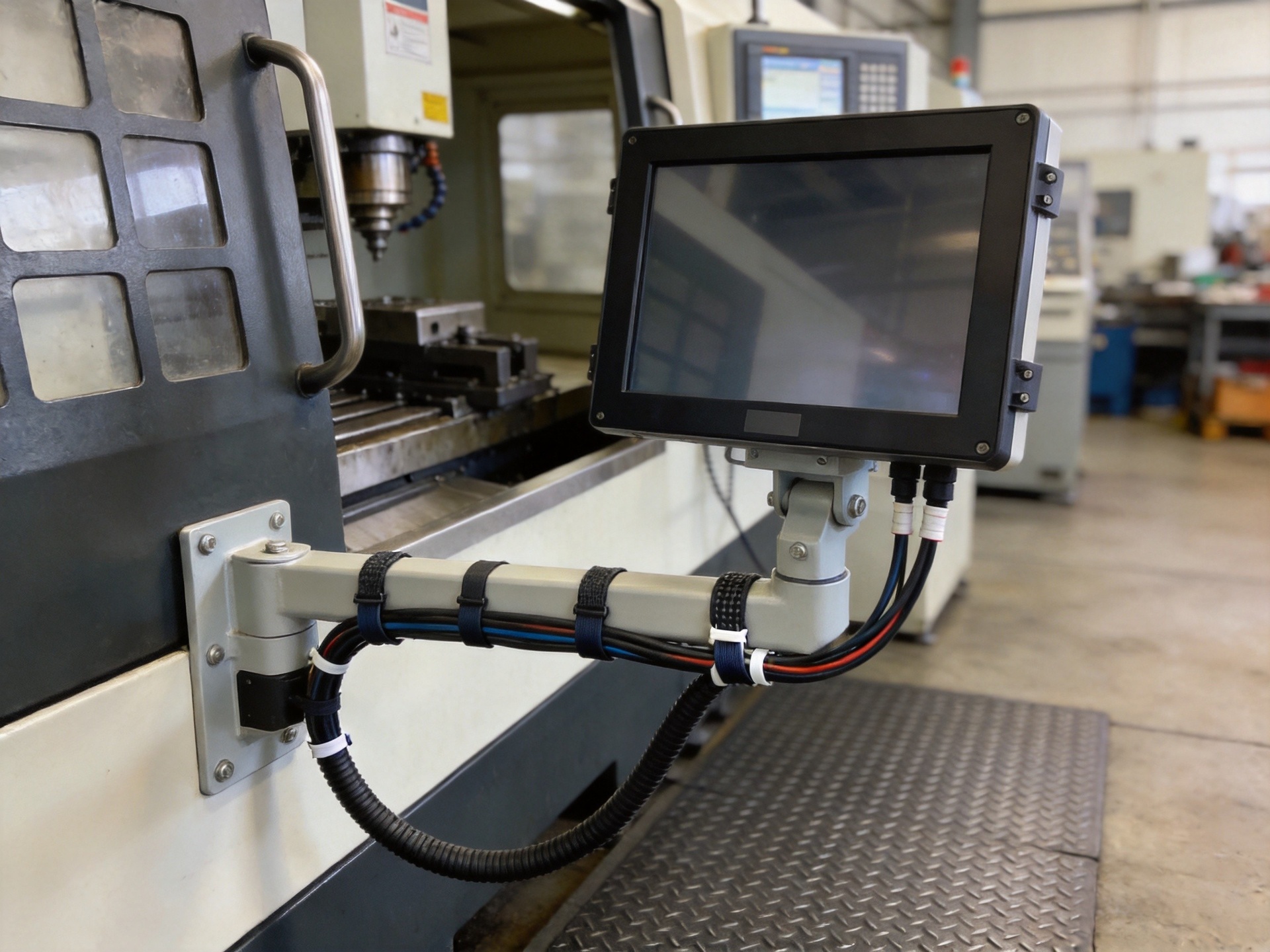VESA-mounted industrial panel PC on swing arm beside CNC machining center with secured cable routing