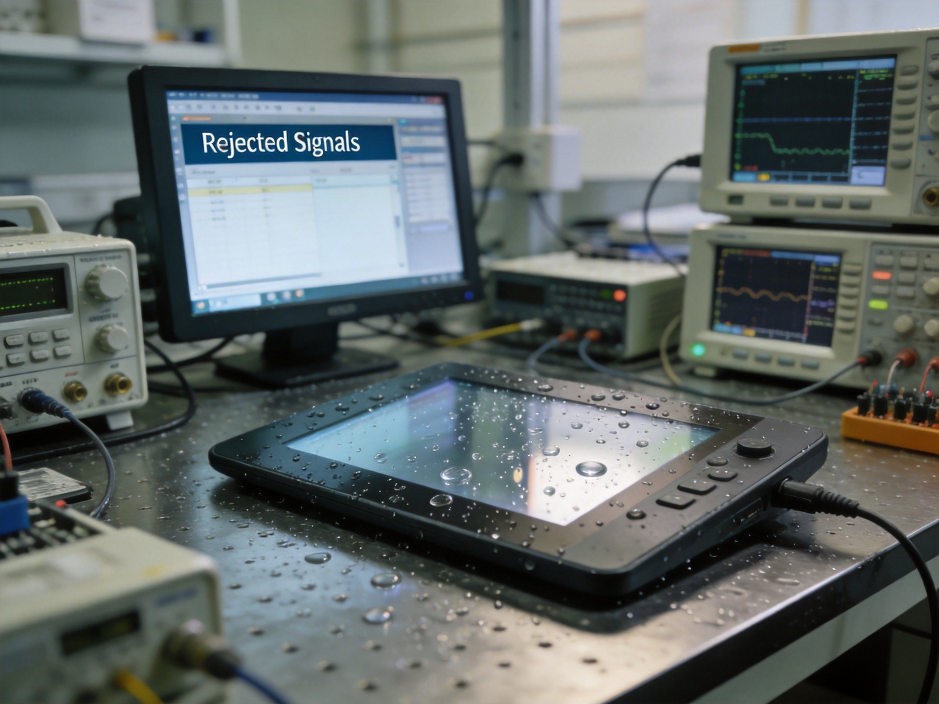 Industrial touchscreen with water droplets on surface being tested with touch controller diagnostic software showing rejected signals
