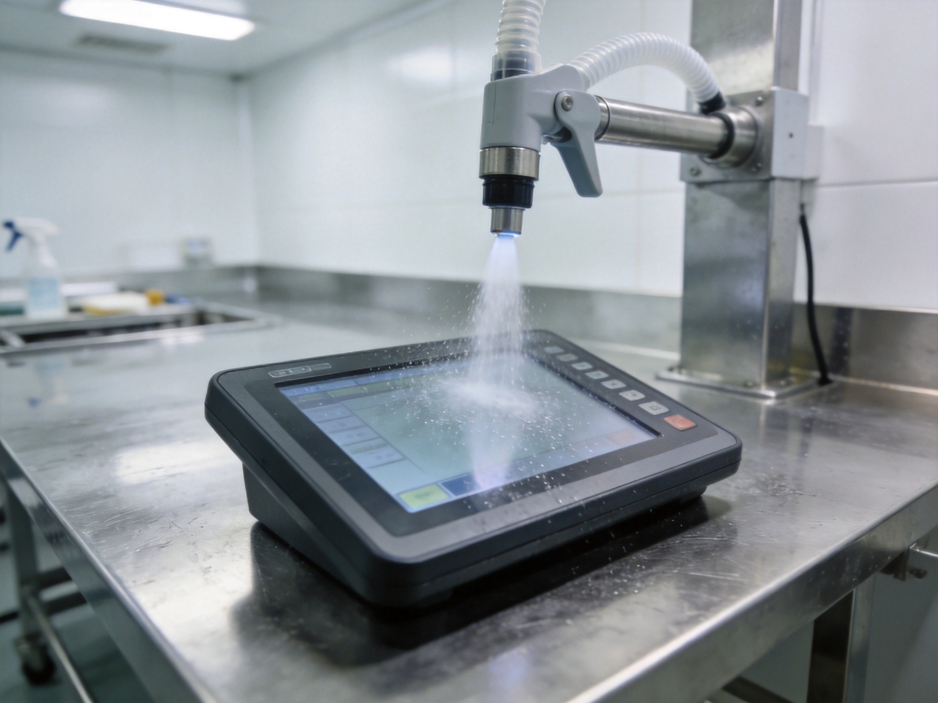 Industrial touchscreen panel in food processing washdown environment with chemical sanitizer spray test in progress