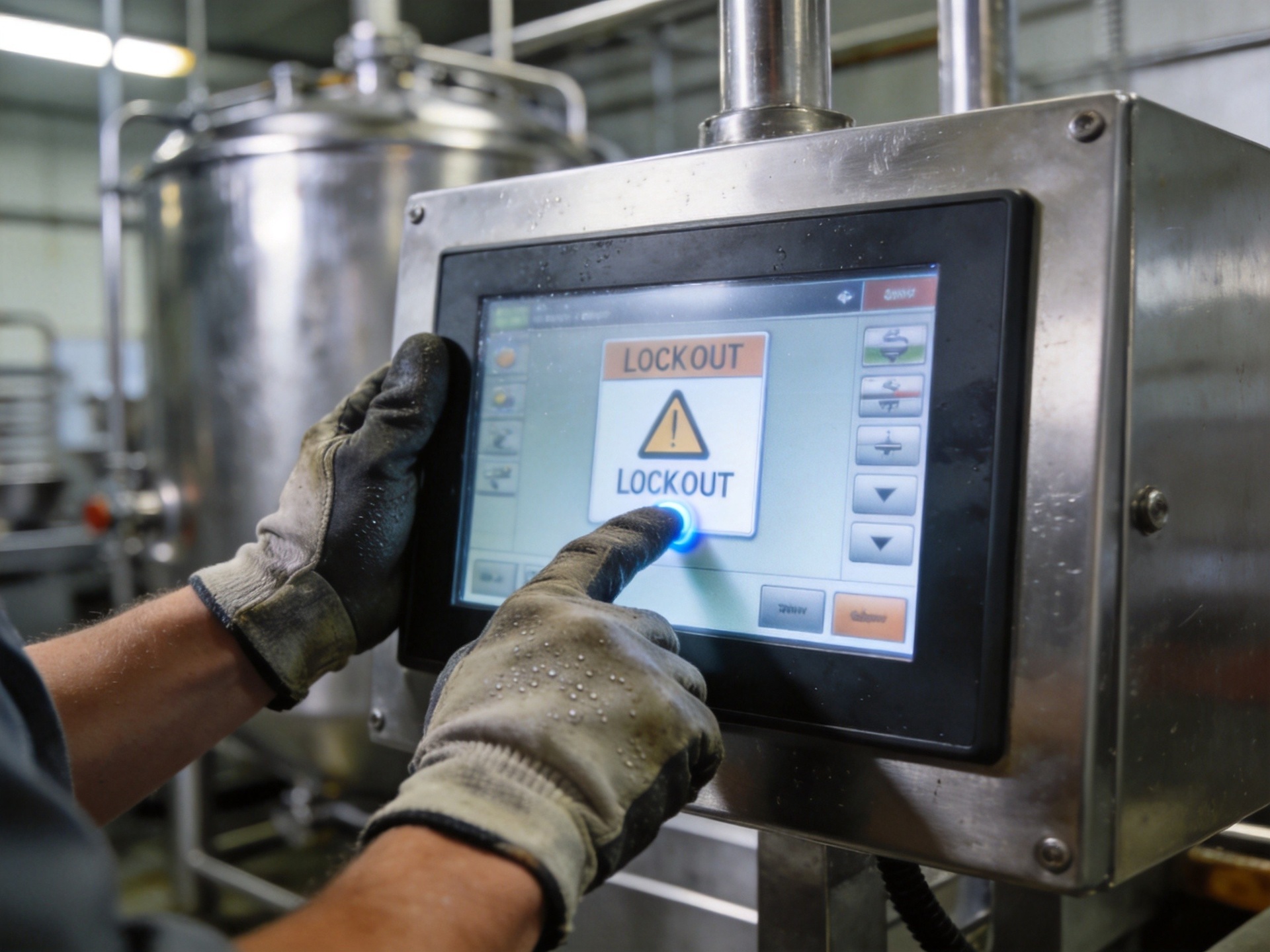 Operator using on-screen lock button on industrial touch panel before initiating washdown spray procedure